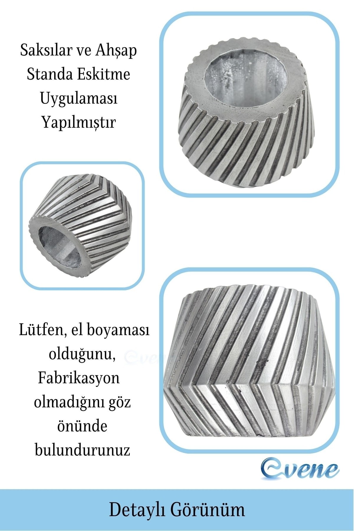 Ahşap Ayaklı Beton Saksı Büyük Boy Set 2 Adet Gümüş Varak Boyalı Eskitmeli Dişli Model