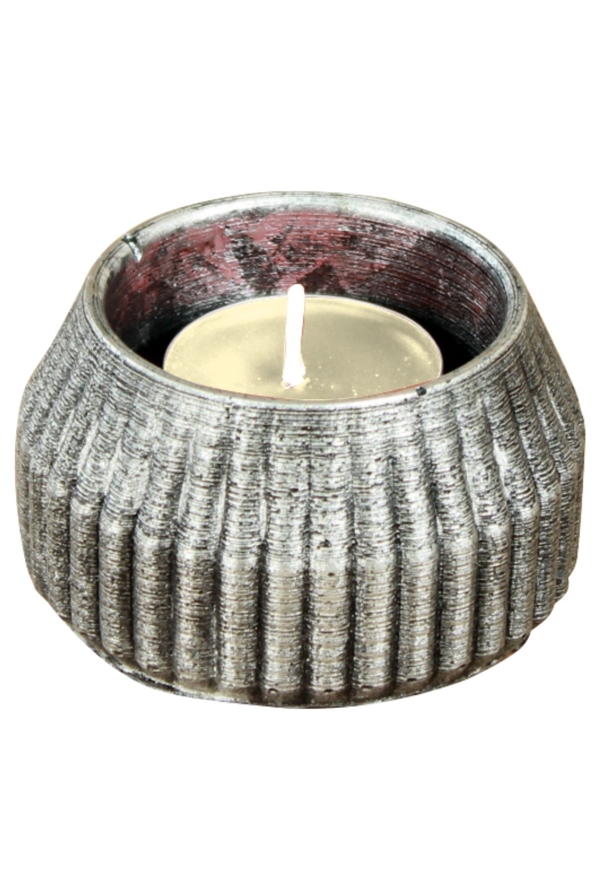 Gümüş Eskitme Mumluk Şamdan Tealight Mum Uyumlu Çizgili Model