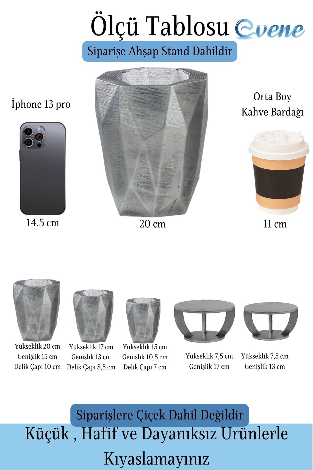 Ahşap Ayaklı Beton Saksı Büyük Boy Set 3 Adet Gümüş Varak Boyalı Eskitmeli Uzun Poly Model