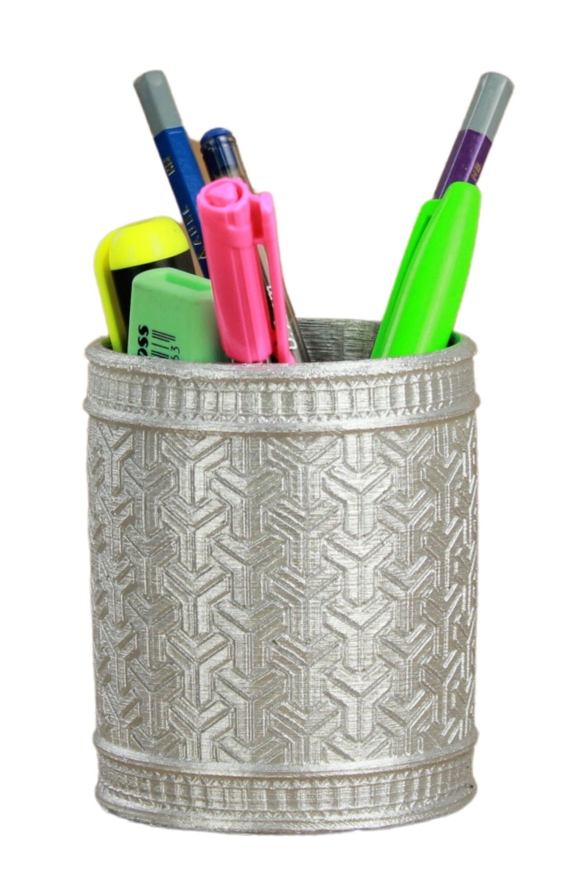 Kalemlik Gümüş Renk Masa Kalemliği Organizer Kalemlik Dönen Y Desenli Model