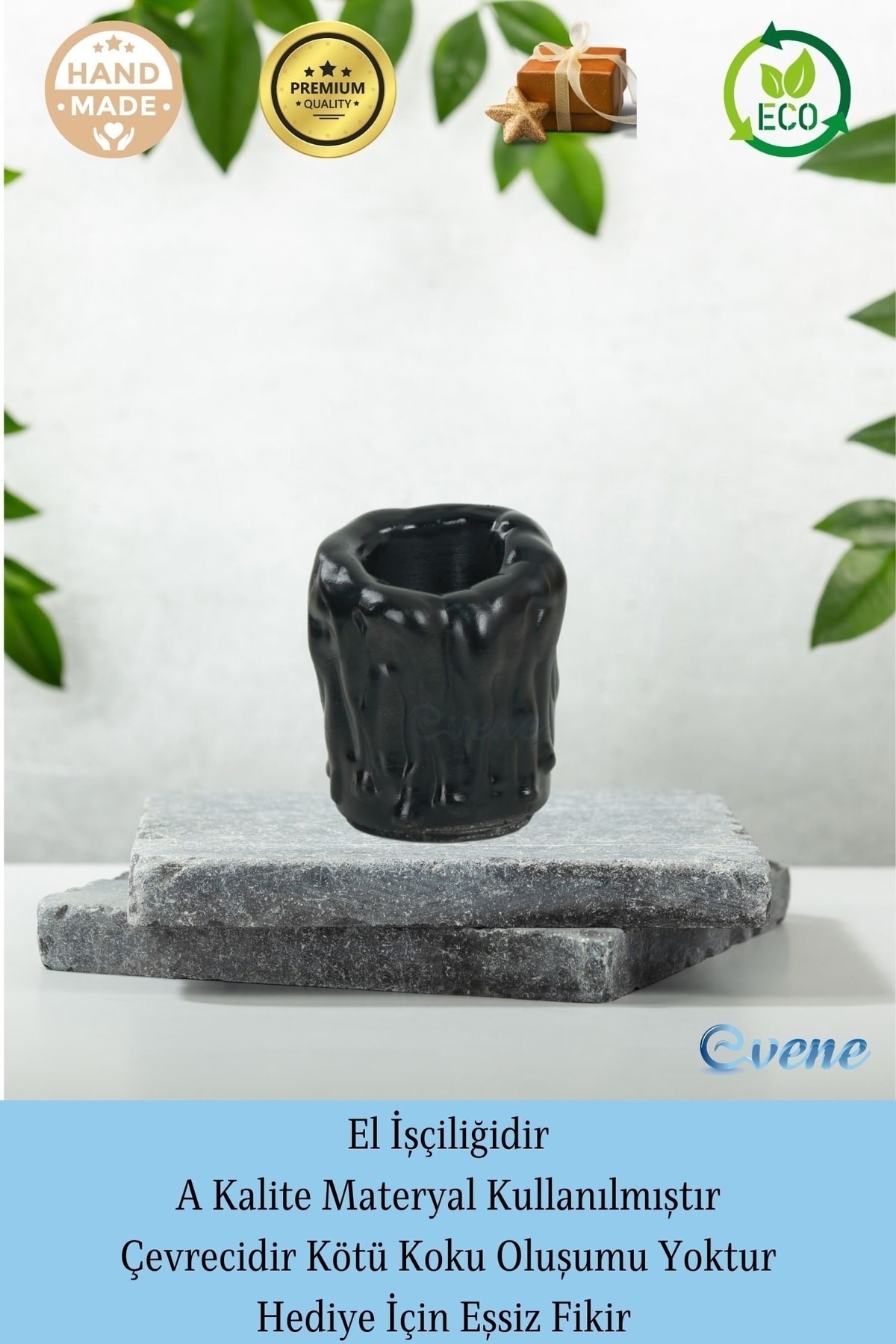 Siyah Mumluk Şamdan 3 Adet Tealight Uyumlu Üçlü Orta Erimiş Mum Model