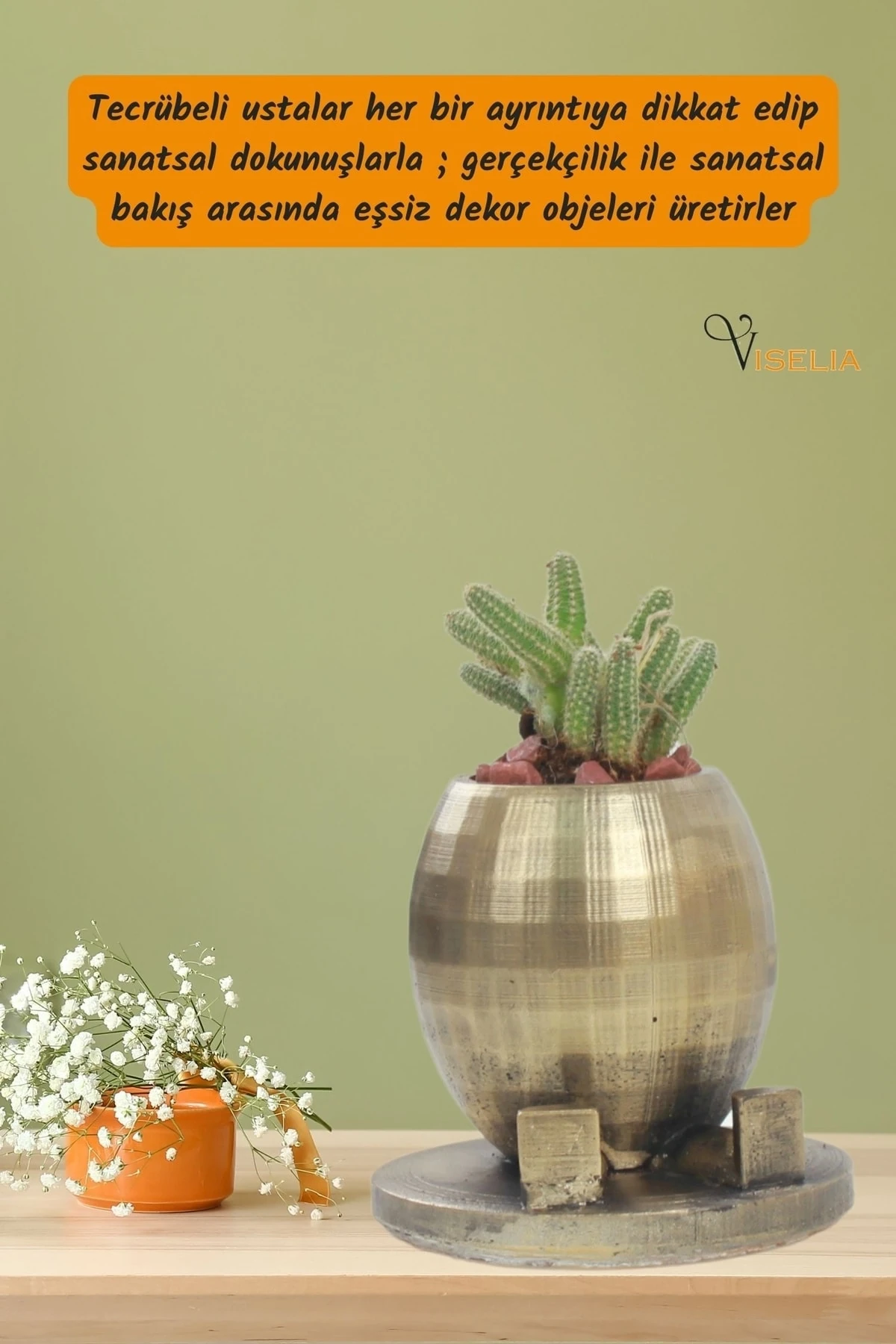 Viselia Dekoratif Saksı Altın Eskitme Küçük Çiçek Saksısı Yuvarlak Ayaklı Model