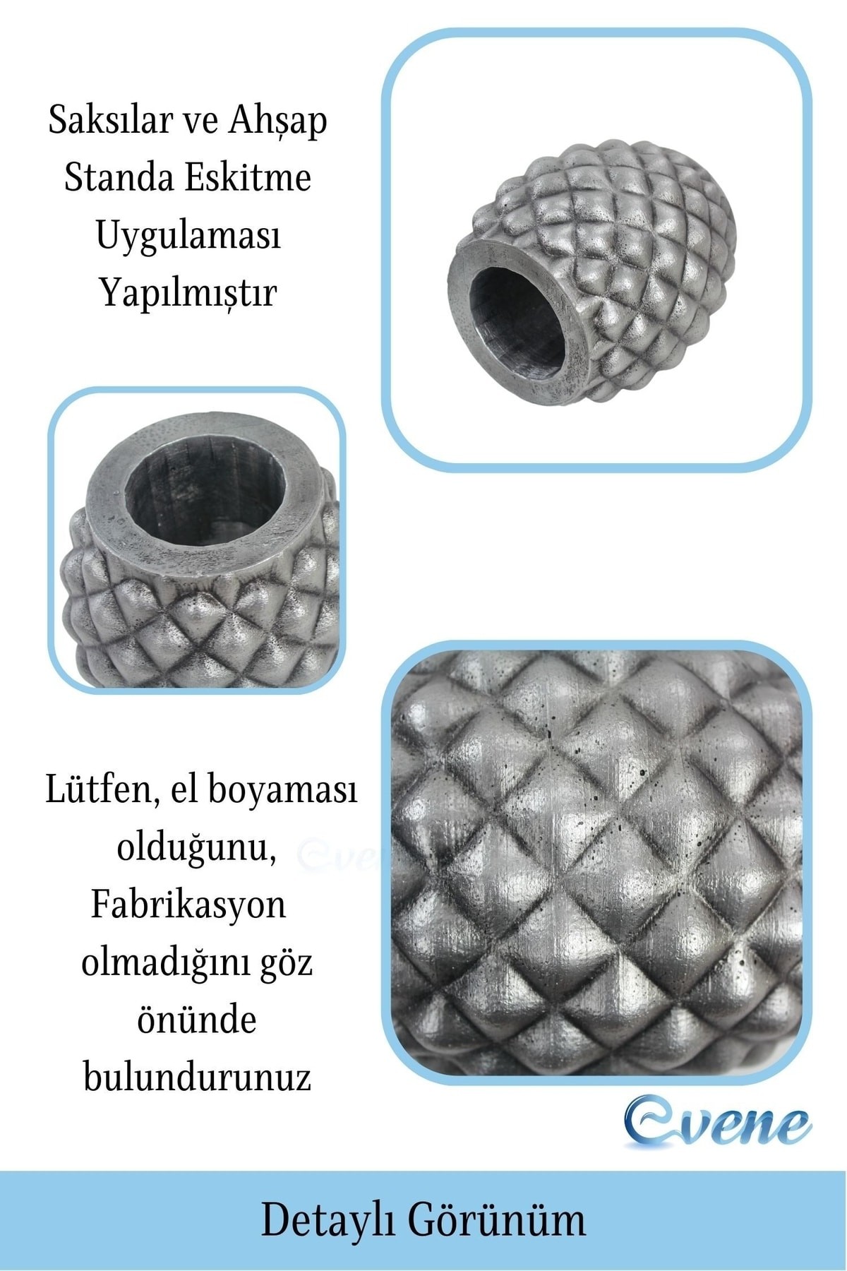 Ahşap Ayaklı Beton Saksı Büyük Boy Set 2 Adet Gümüş Varak Boyalı Eskitmeli Ananas Model