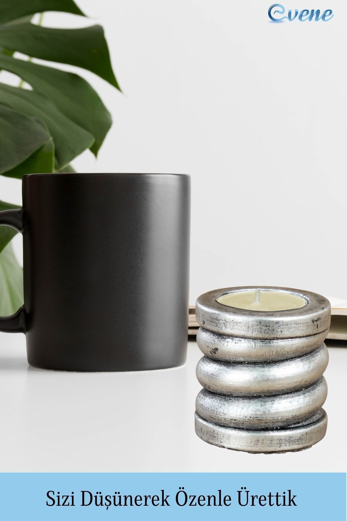 Gümüş Eskitme Mumluk Şamdan 3 Adet Tealight ve İnce Mum Uyumlu Spiral Model