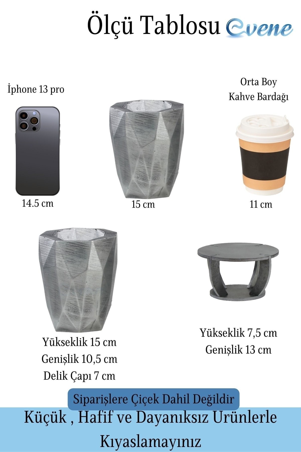 Ahşap Ayaklı Beton Saksı Dekoratif 1 Adet Gümüş Varak Boyalı Eskitmeli Uzun Poly Model