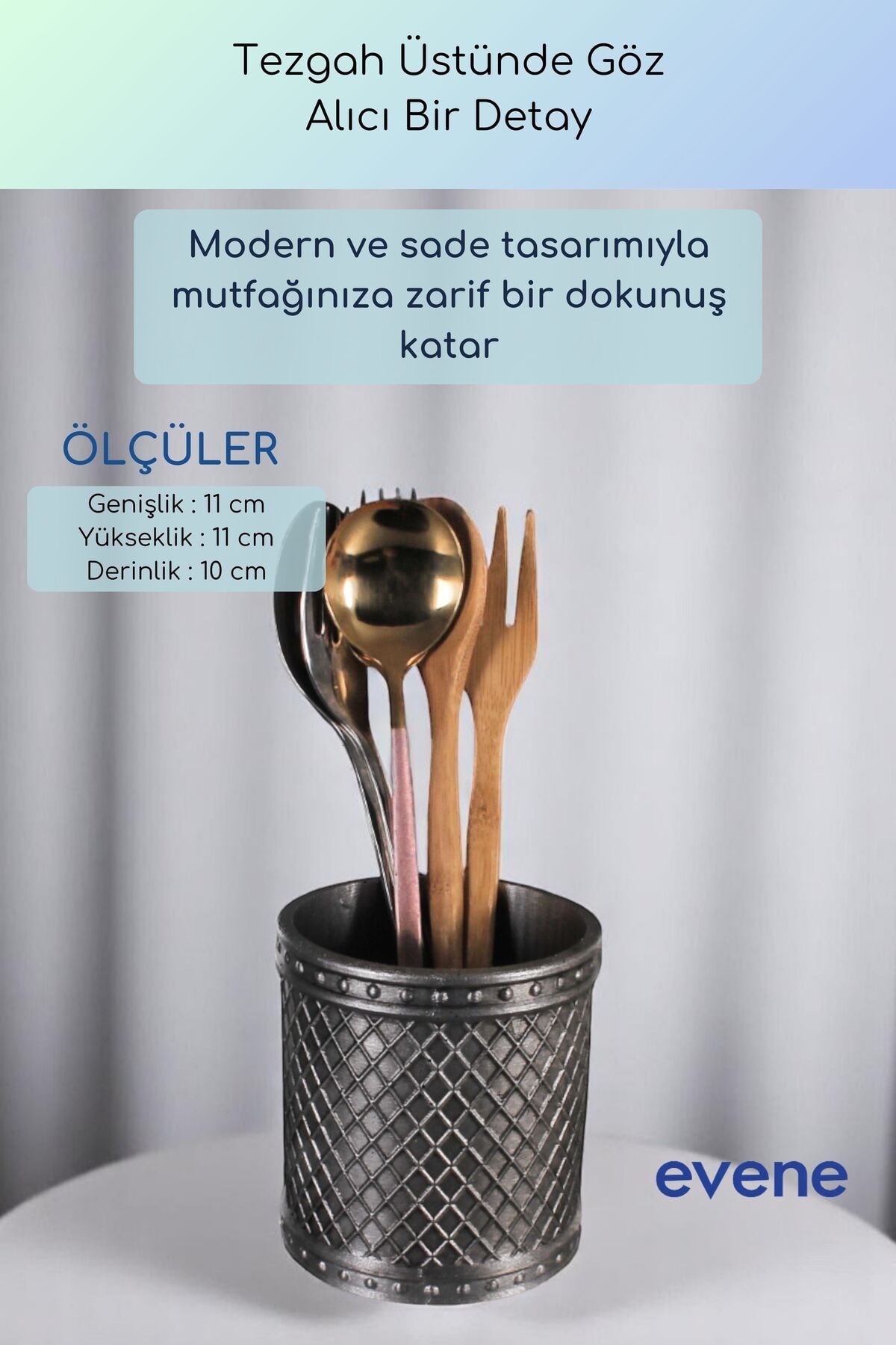 Tezgah Üstü Kaşıklık Dekoratif Dik Kaşıklık Silindir Kaşıklık Gümüş Eskitme Renk Model 90