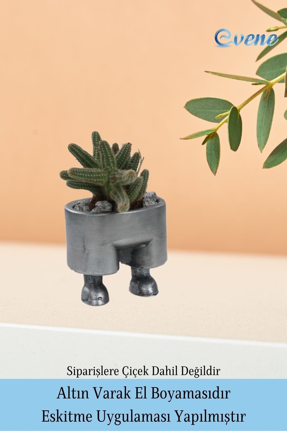 Ahşap Ayaklı Beton Saksı Büyük Boy 1 Adet Gümüş Varak Boyalı Eskitmeli Pantolon Model