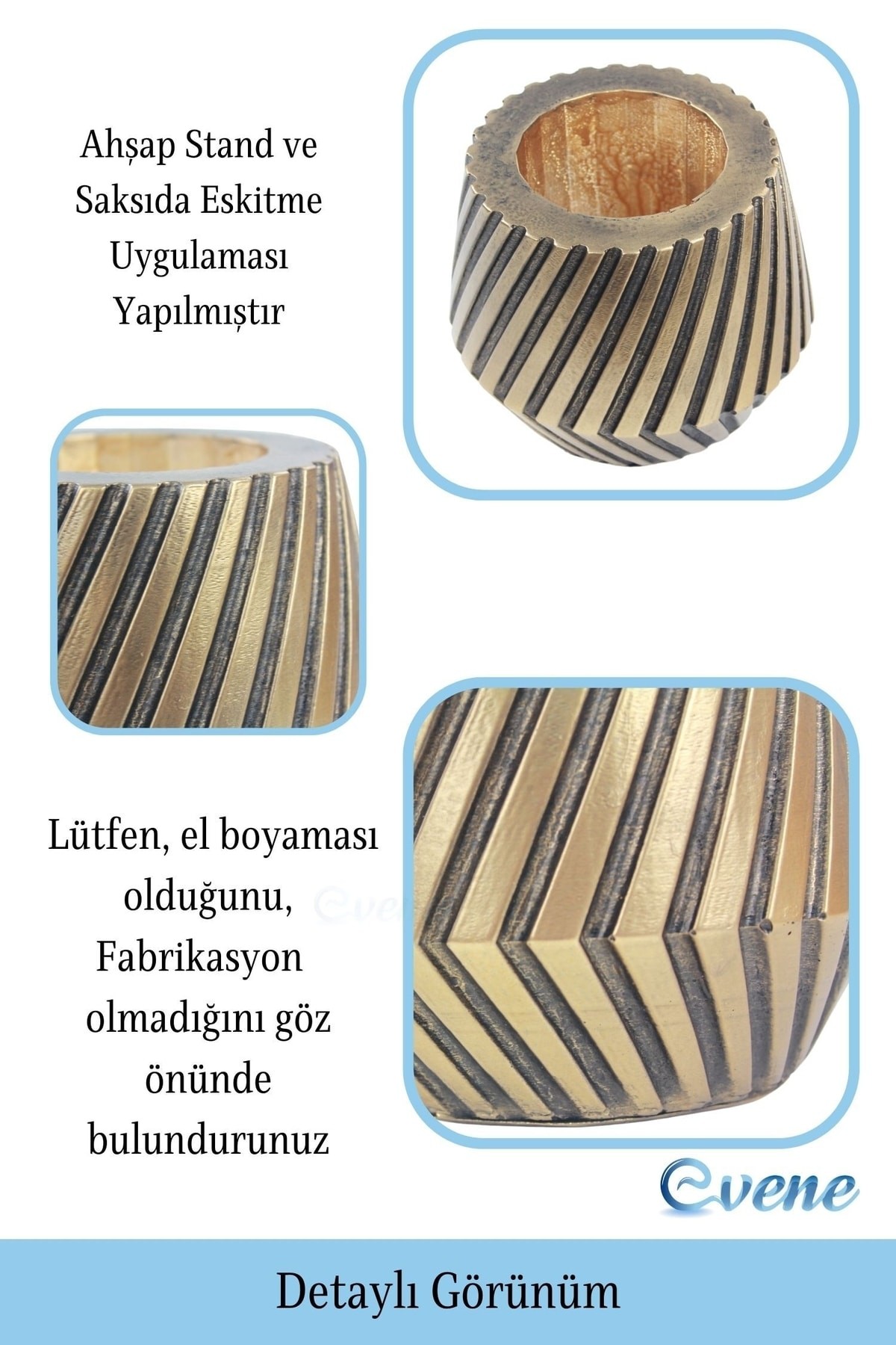 Ahşap Ayaklı Beton Saksı Dekoratif 1 Adet Altın Varak Boyalı Eskitmeli Dişli Model