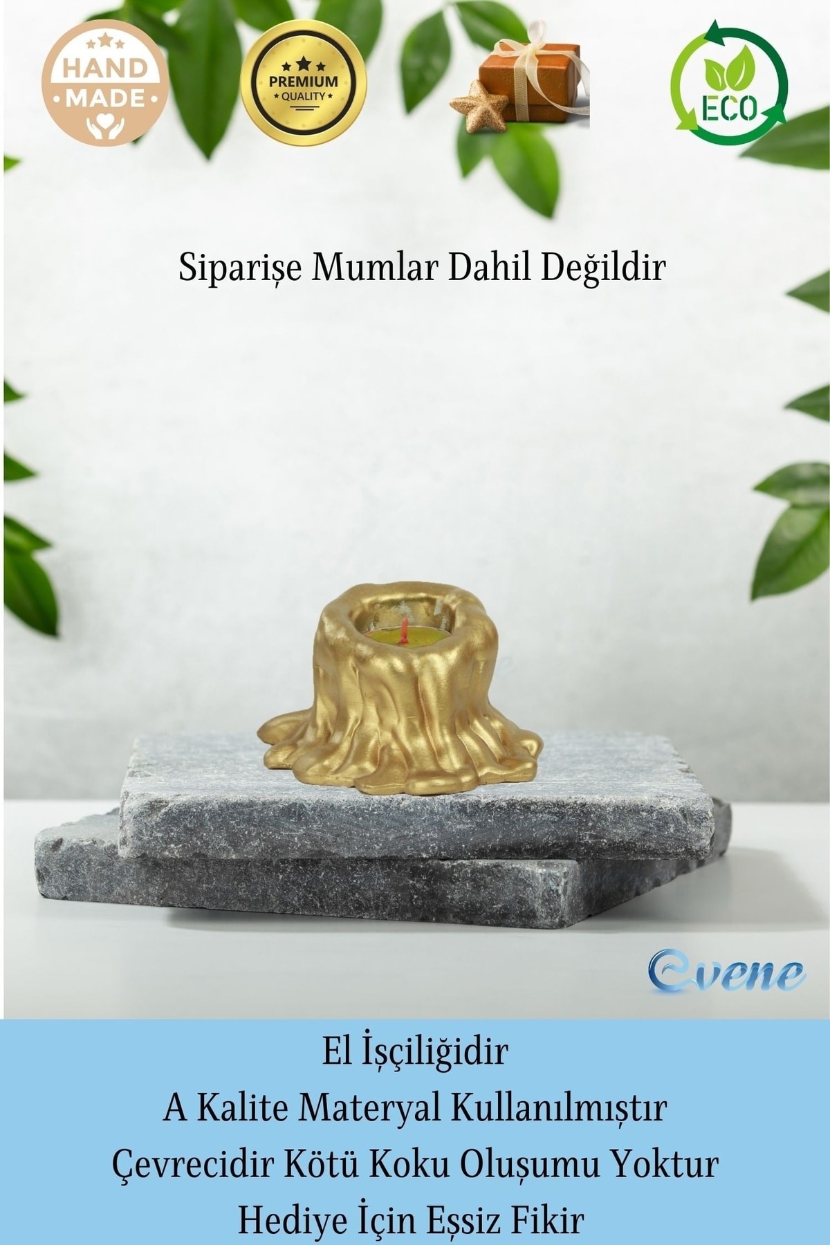 Altın Mumluk Şamdan 3 Adet Tealight Uyumlu Üçlü Küçük Erimiş Mum Model