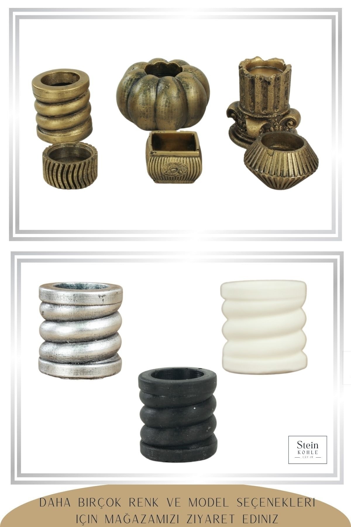 Şamdan Dekoratif Mumluk Altın Eskitme Şamdan Set 3 lü (Üçlü) Tealight Uzun Mum Uyumlu Spiral Model