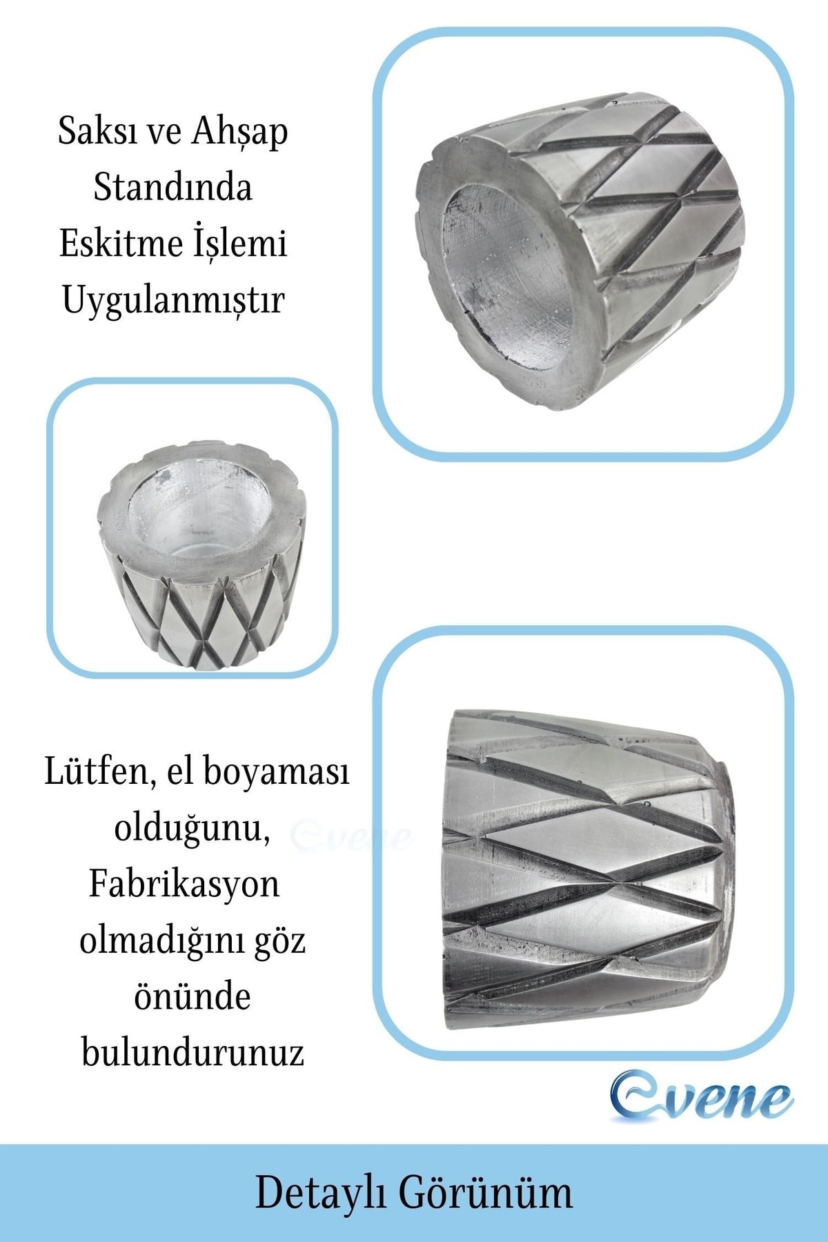 Ahşap Ayaklı Beton Saksı Dekoratif 1 Adet Gümüş Varak Boyalı Eskitmeli Baklava Model
