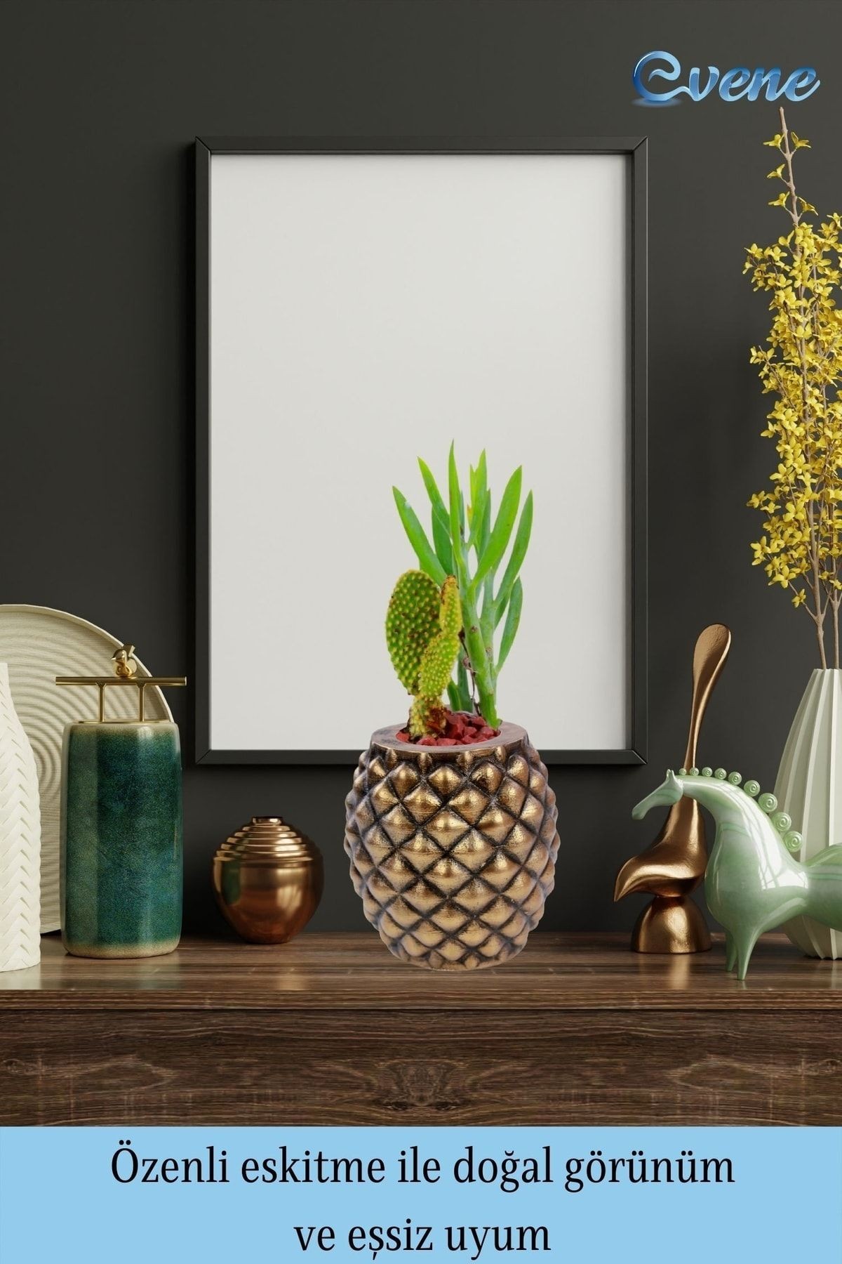Saksı Çiçek Kaktüs Saksısı Lüx 15 Cm Altın Eskitme Varak Boyalı Ananas Desen Saksı Çiçeklik