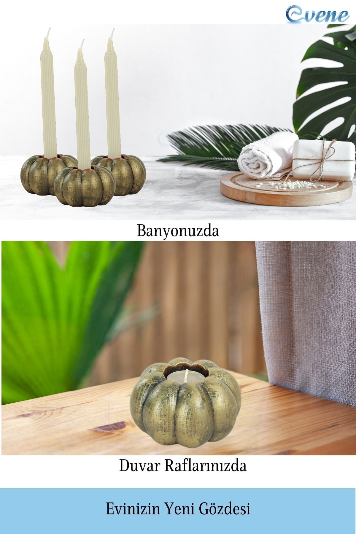 Altın Eskitme Mumluk Şamdan Tealight ve İnce Mum Uyumlu Kabak Model