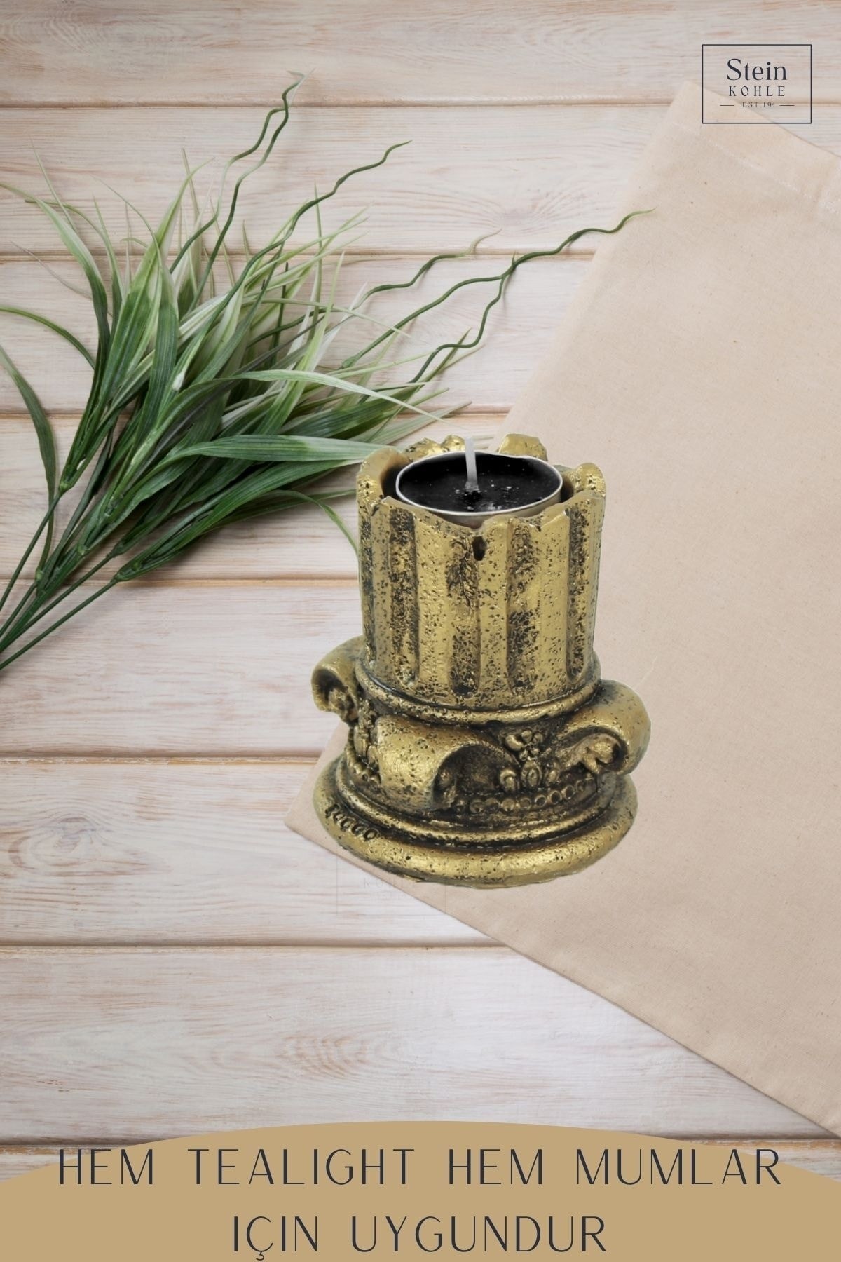 Şamdan Dekoratif Mumluk Altın Eskitme Şamdan Set 3 lü (Üçlü) Tealight Uyumlu Sütun Model