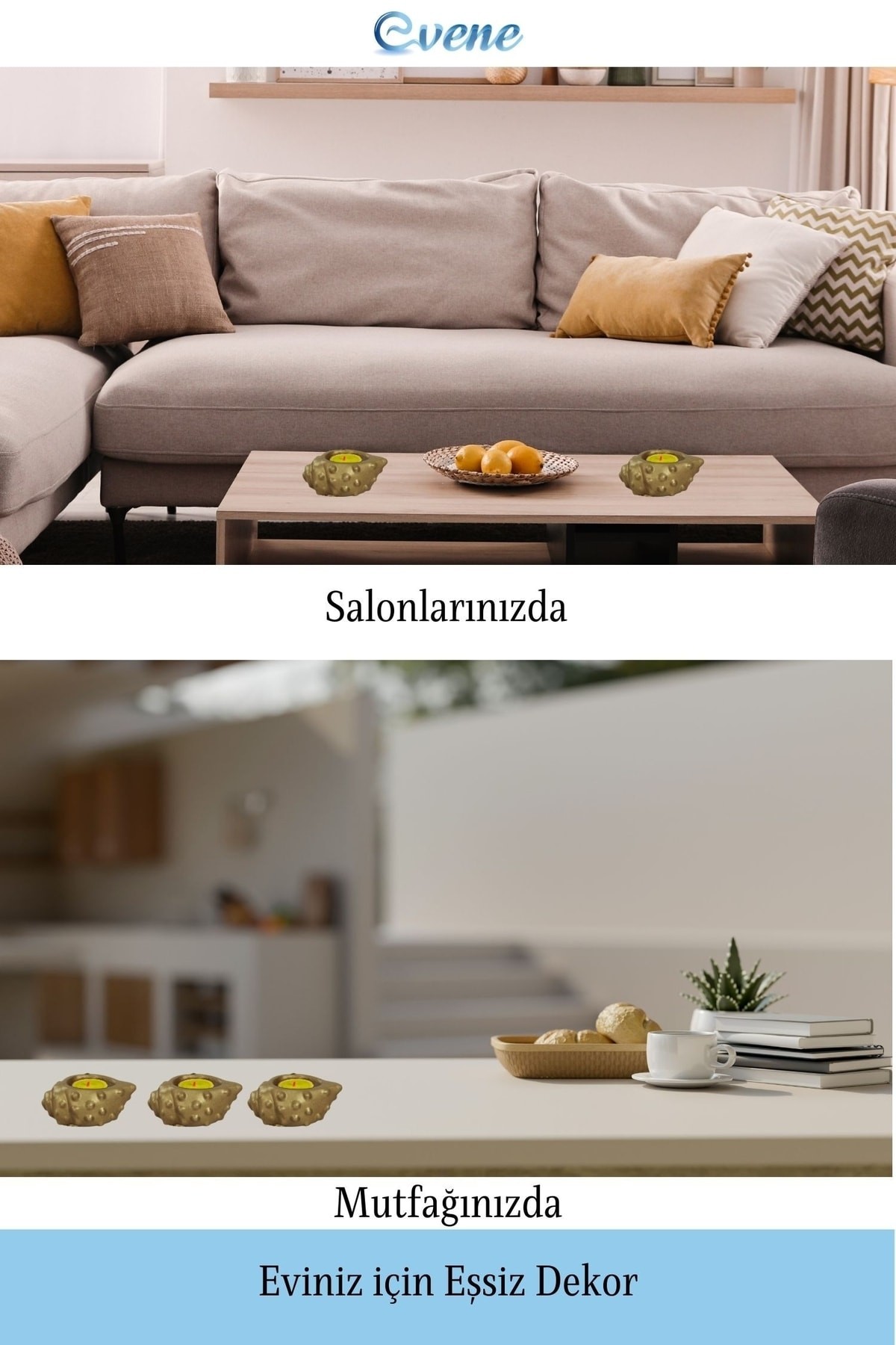 Altın Mumluk Şamdan 3 Adet Tealight Uyumlu Deniz Kabuğu Mum Model