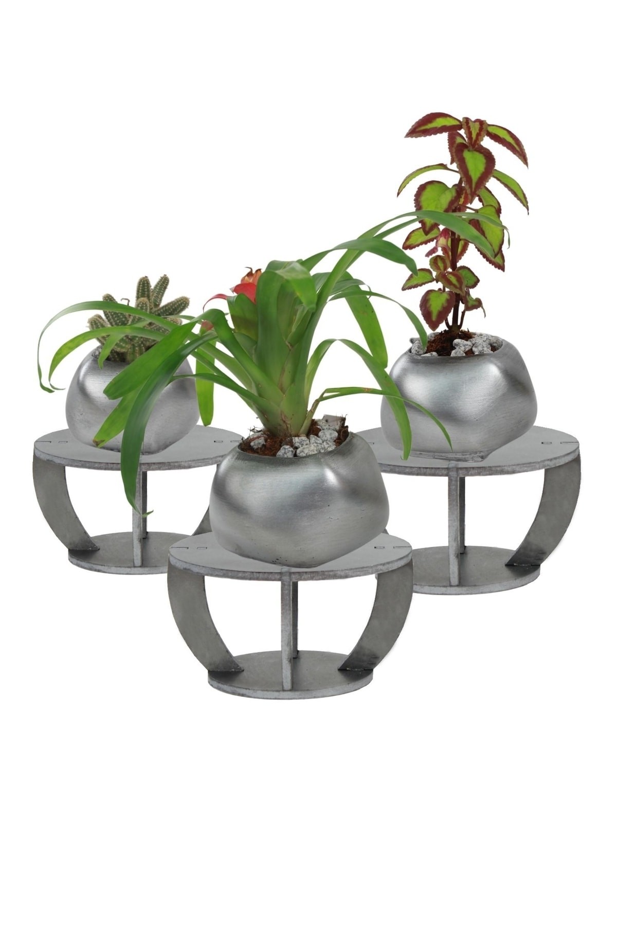 Ahşap Ayaklı Beton Saksı Büyük Boy Set 3 Adet Gümüş Varak Boyalı Eskitmeli Spiral Oval Model