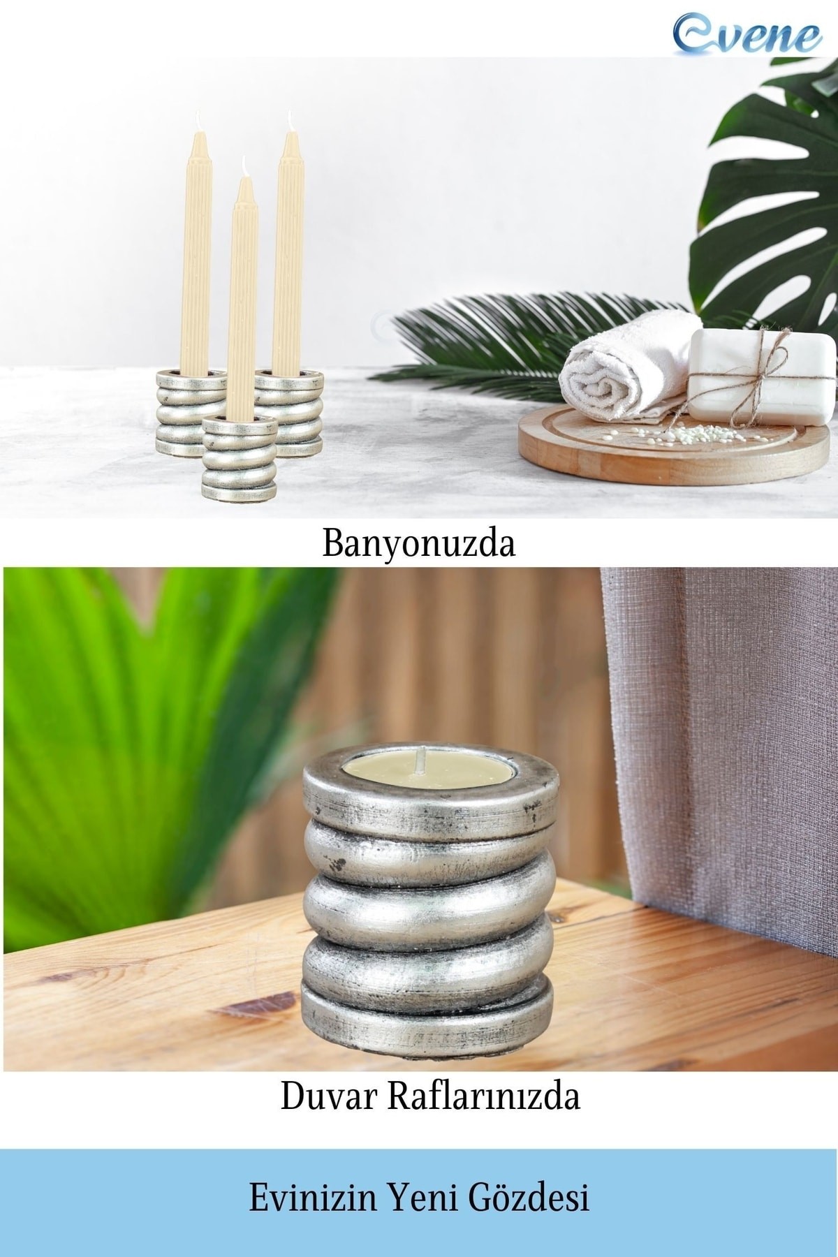 Gümüş Eskitme Mumluk Şamdan 3 Adet Tealight ve İnce Mum Uyumlu Spiral Model