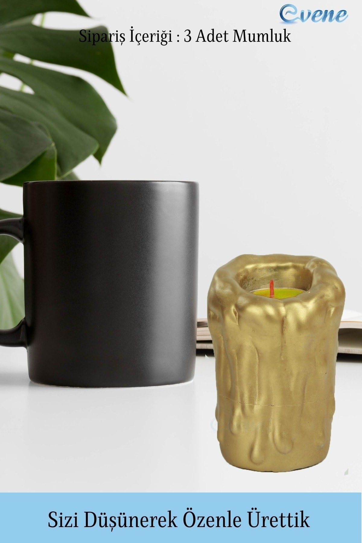 Altın Mumluk Şamdan 3 Adet Tealight Uyumlu Üçlü Büyük Erimiş Mum Model