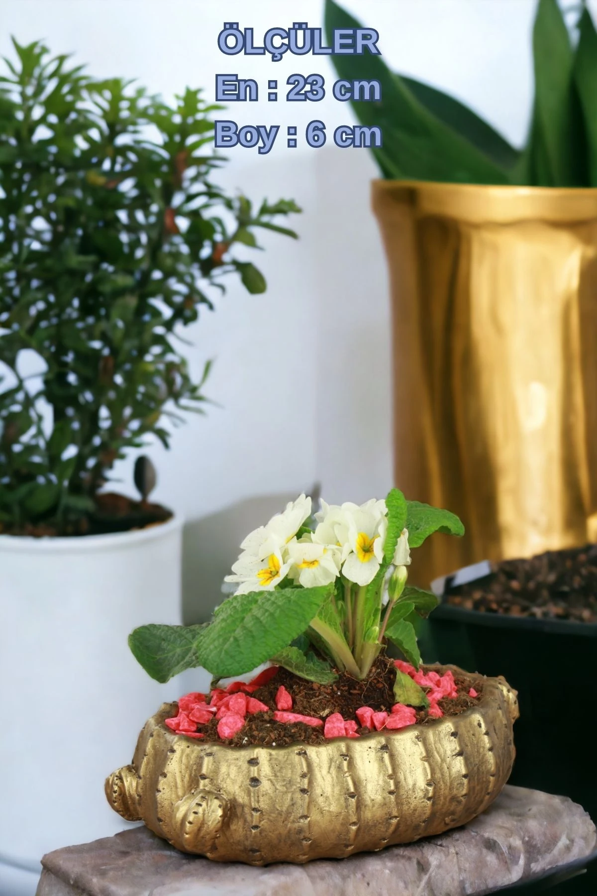 El Yapımı Saksı Seti Altın Eskitme Premium Kalite 3 Adet Dekoratif Saksı Model 3