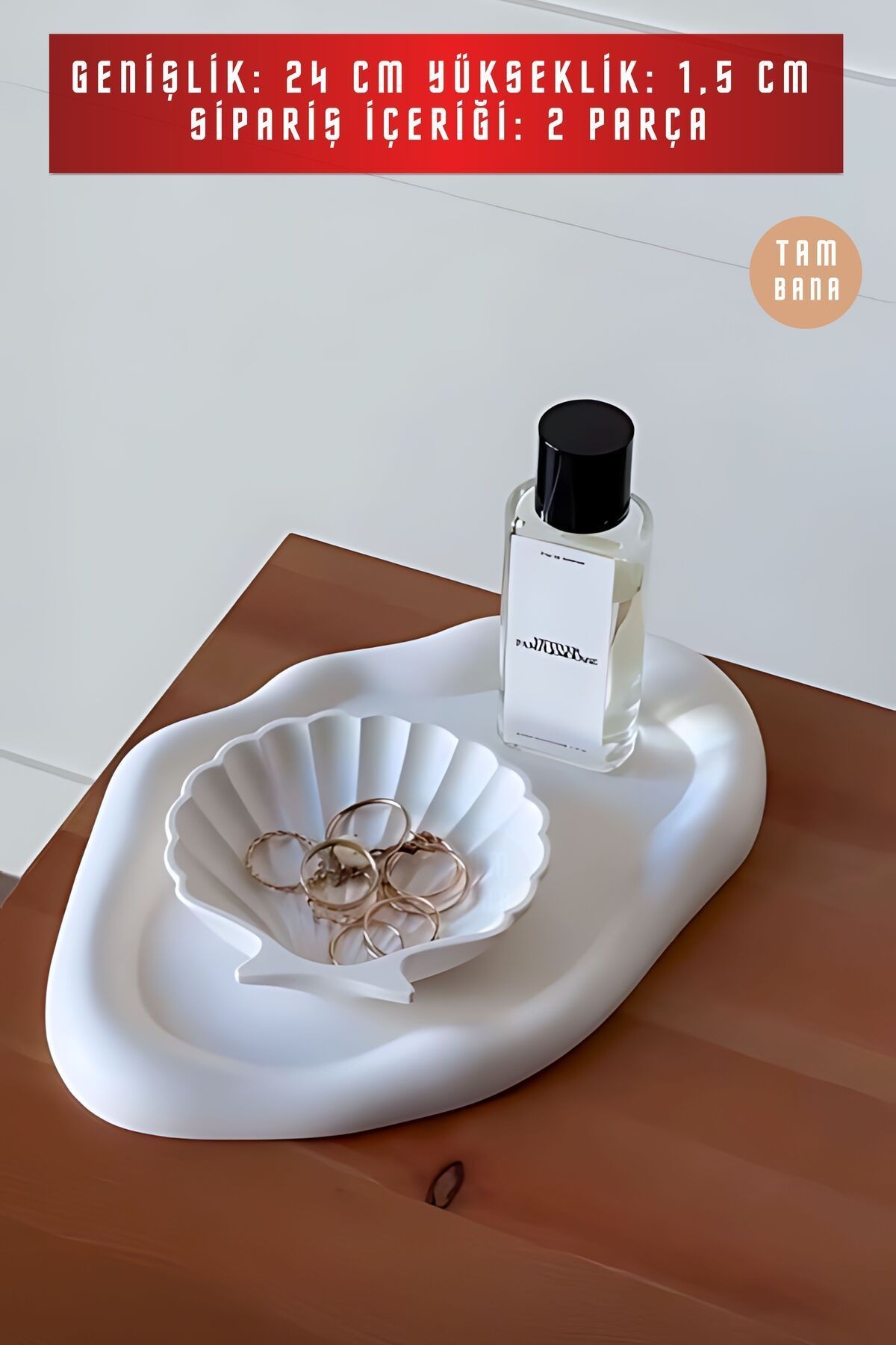 Beyaz Sunumluk Takı Tabağı Dekoratif Tepsi Obje Seti 2 Parça Model 1008