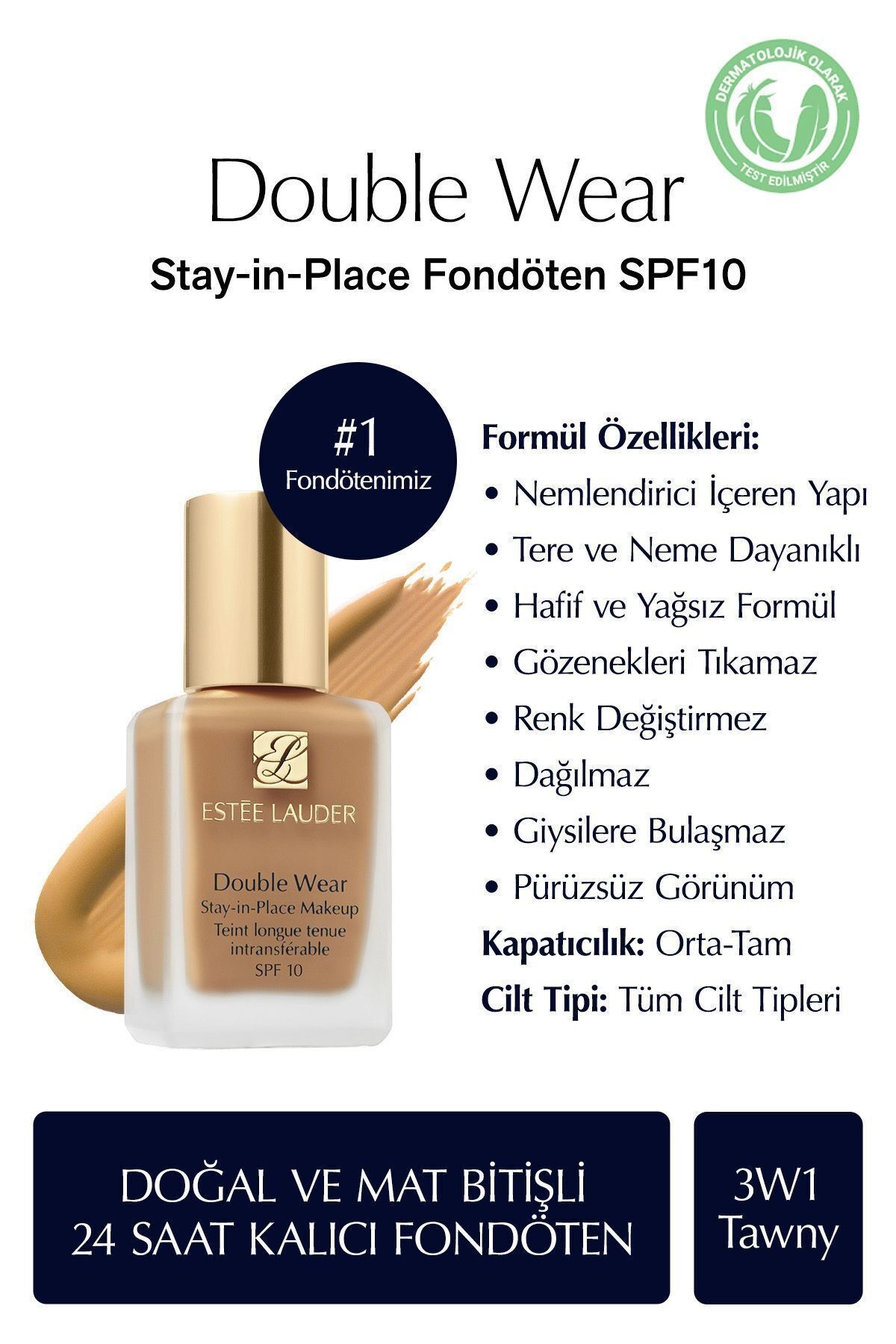 Doğal Ve Mat Bitişli - Double Wear Stay-in-place Fondöten Spf 10 ( 3w1 Tawny ) - 30 ml image