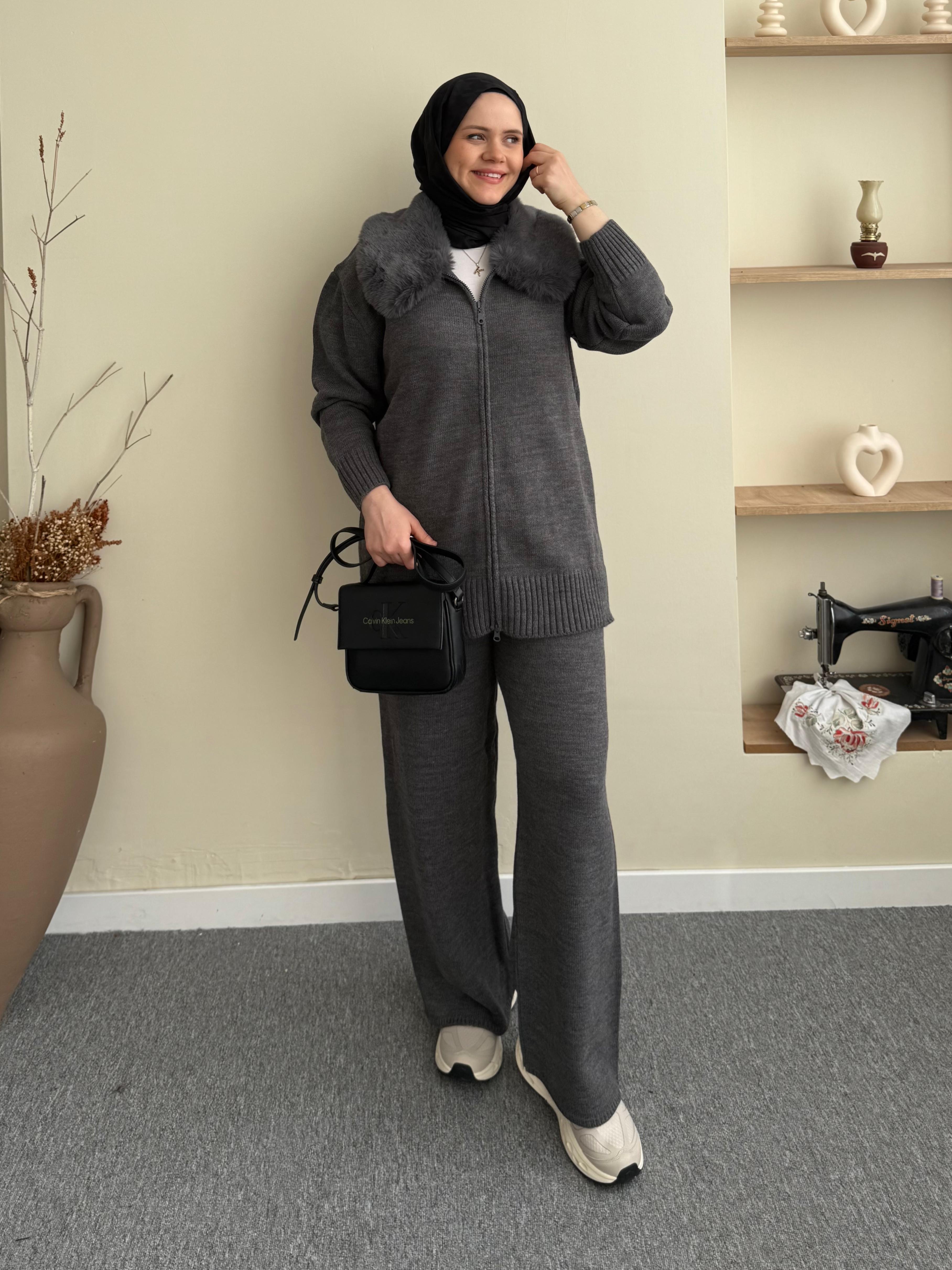 Kürklü Triko Takım - gri