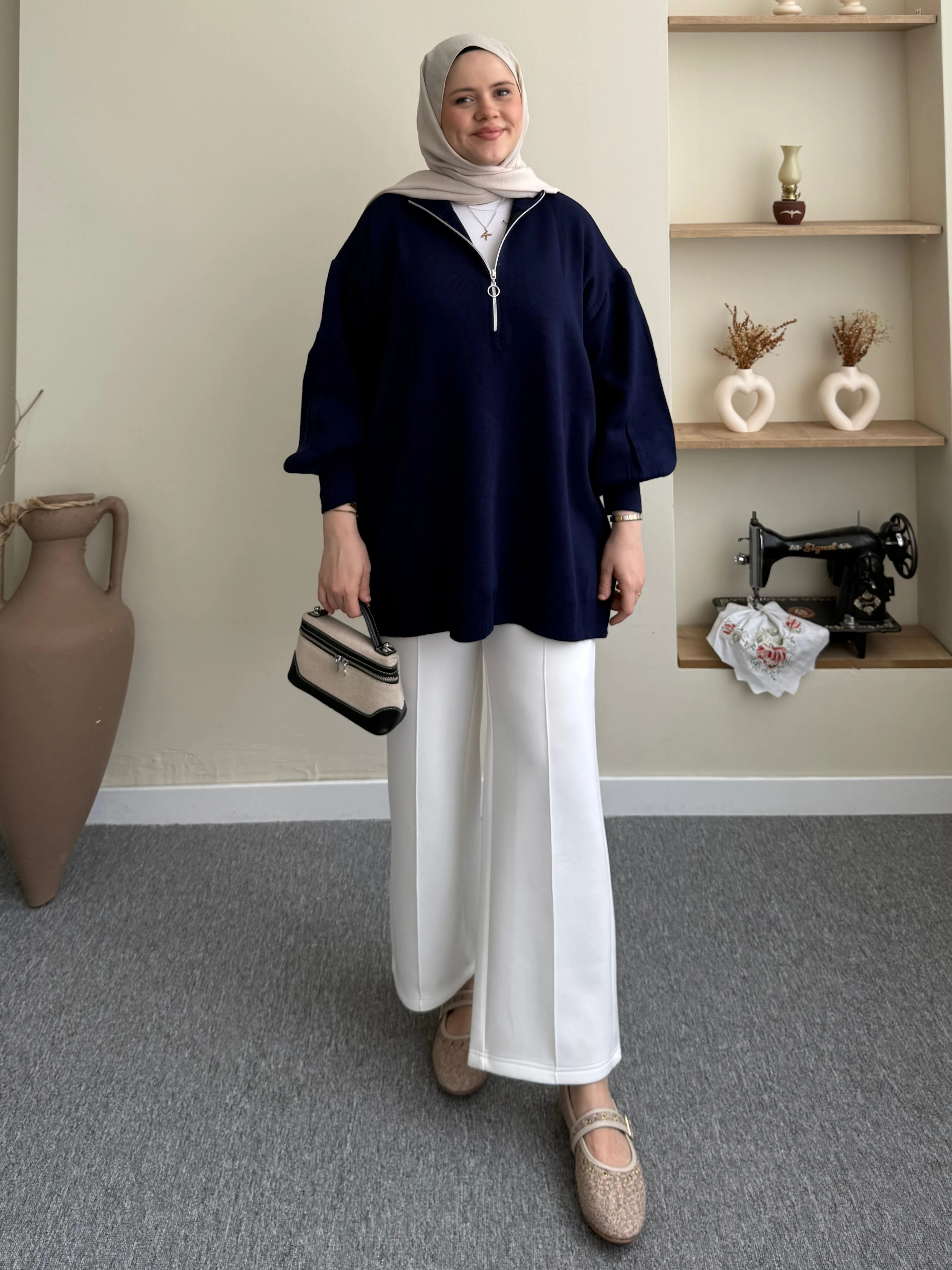 Fermuarlı Balon Kol Tunik