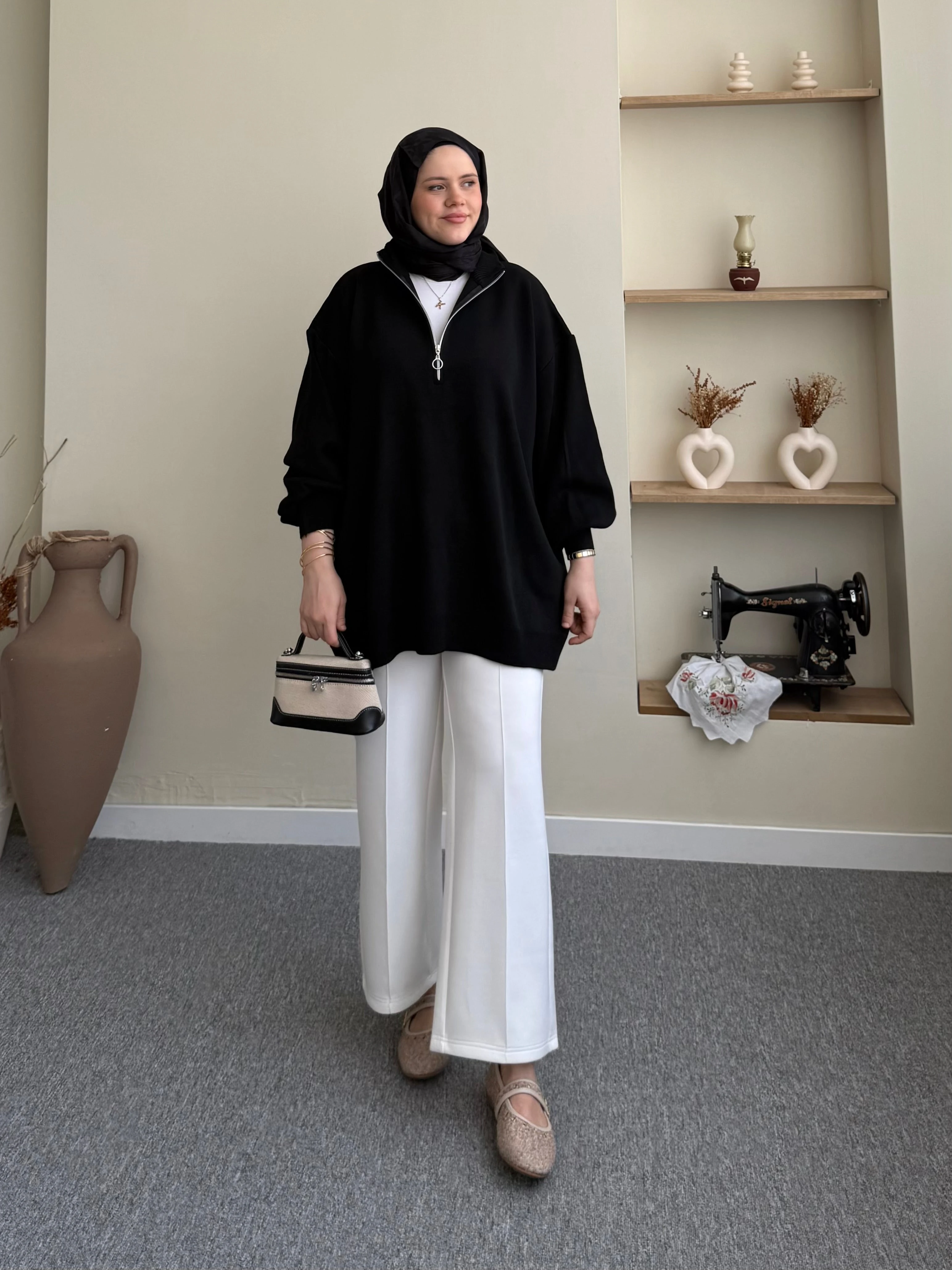 Fermuarlı Balon Kol Tunik