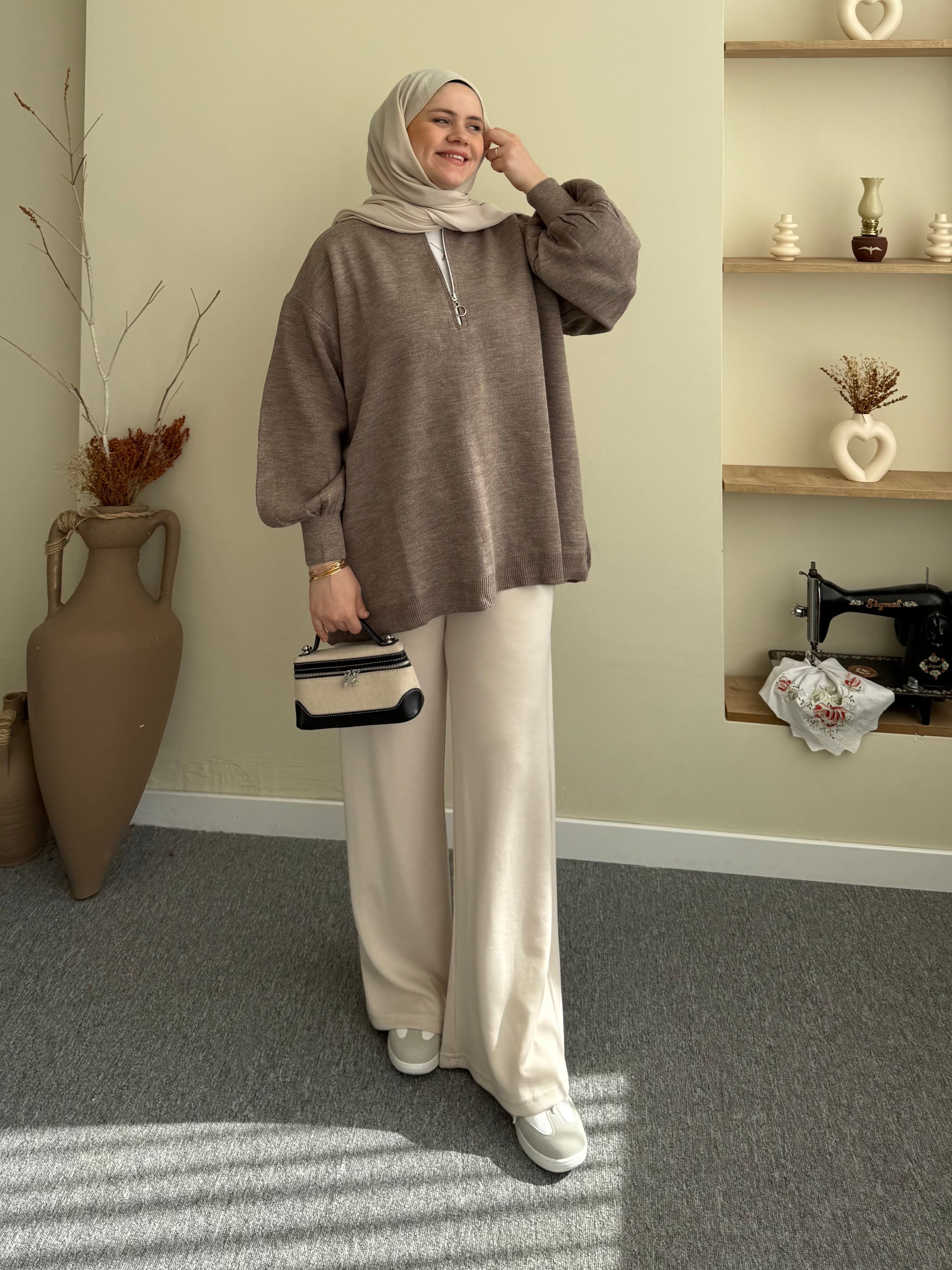 Fermuarlı Balon Kol Tunik