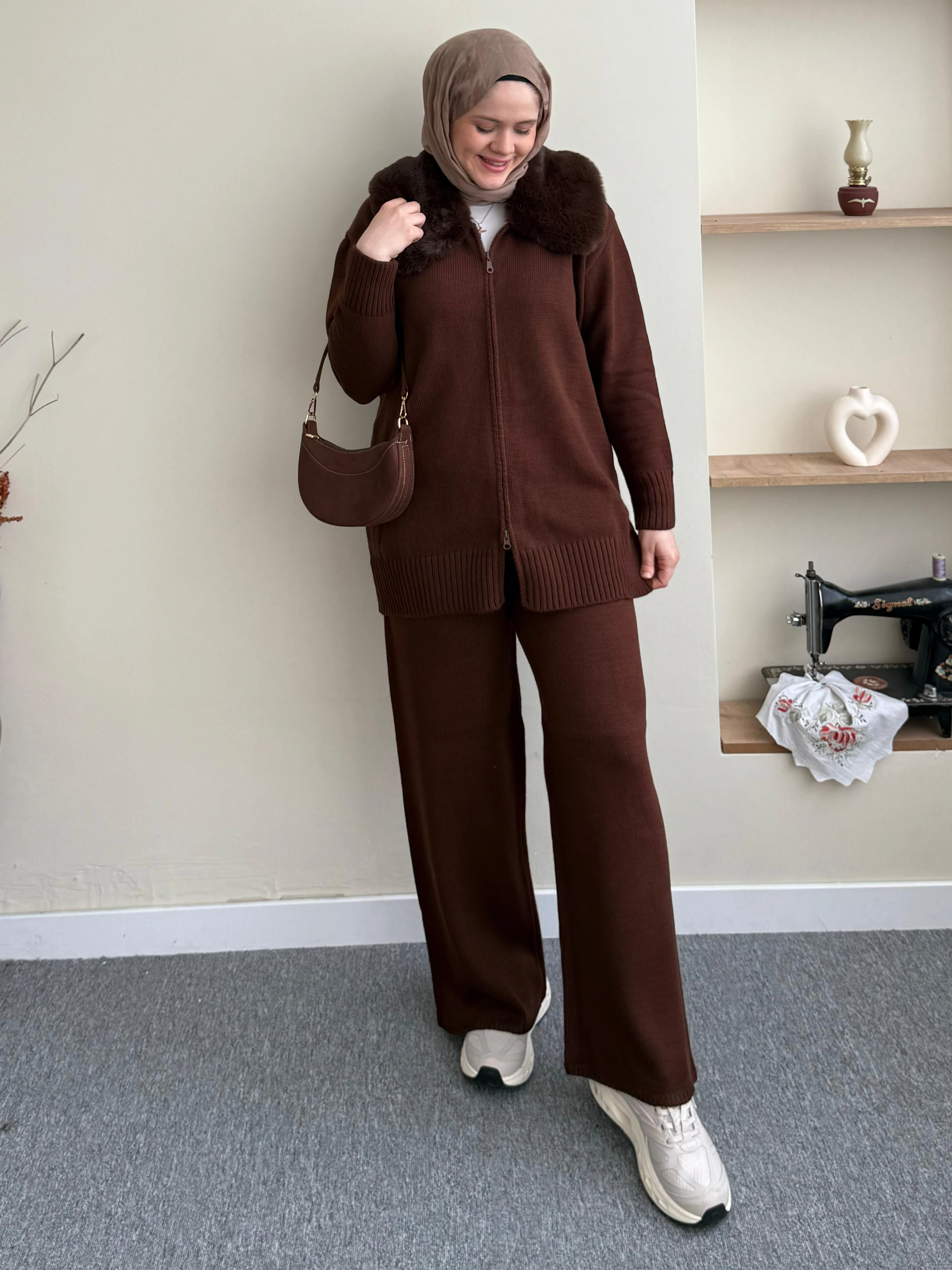 Kürklü Triko Takım - Kahverengi