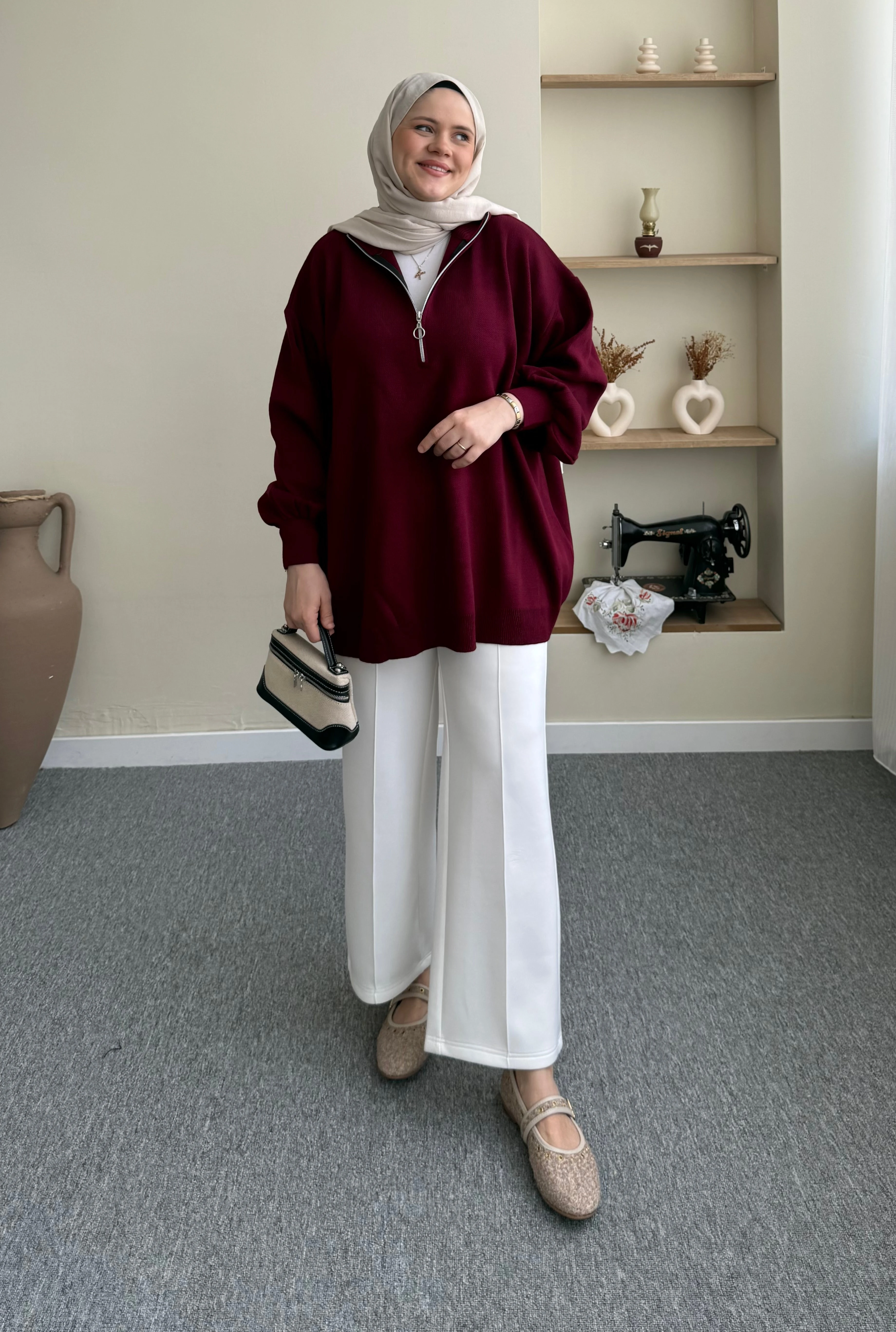 Fermuarlı Balon Kol Tunik