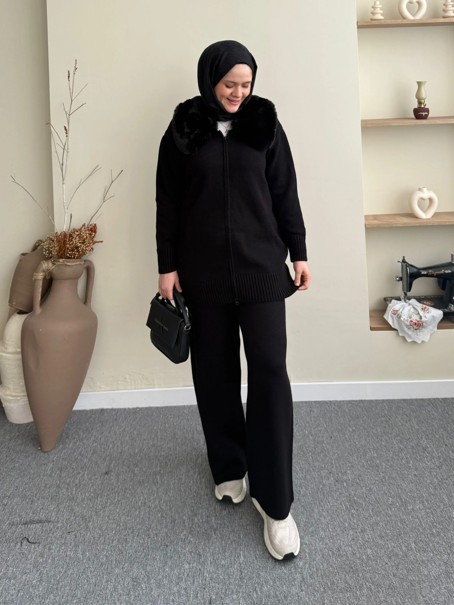 Kürklü Triko Takım - Siyah