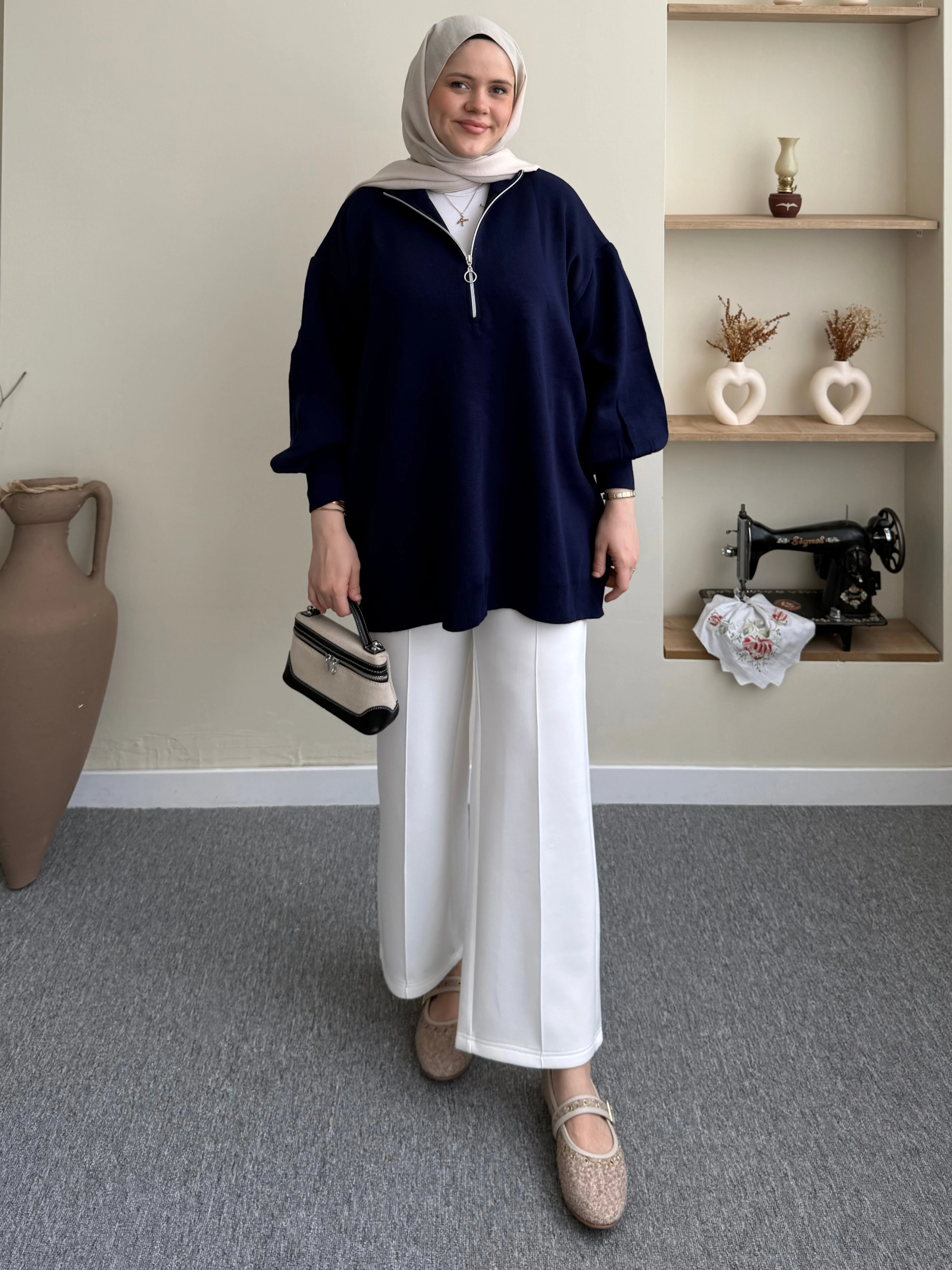 Fermuarlı Balon Kol Tunik