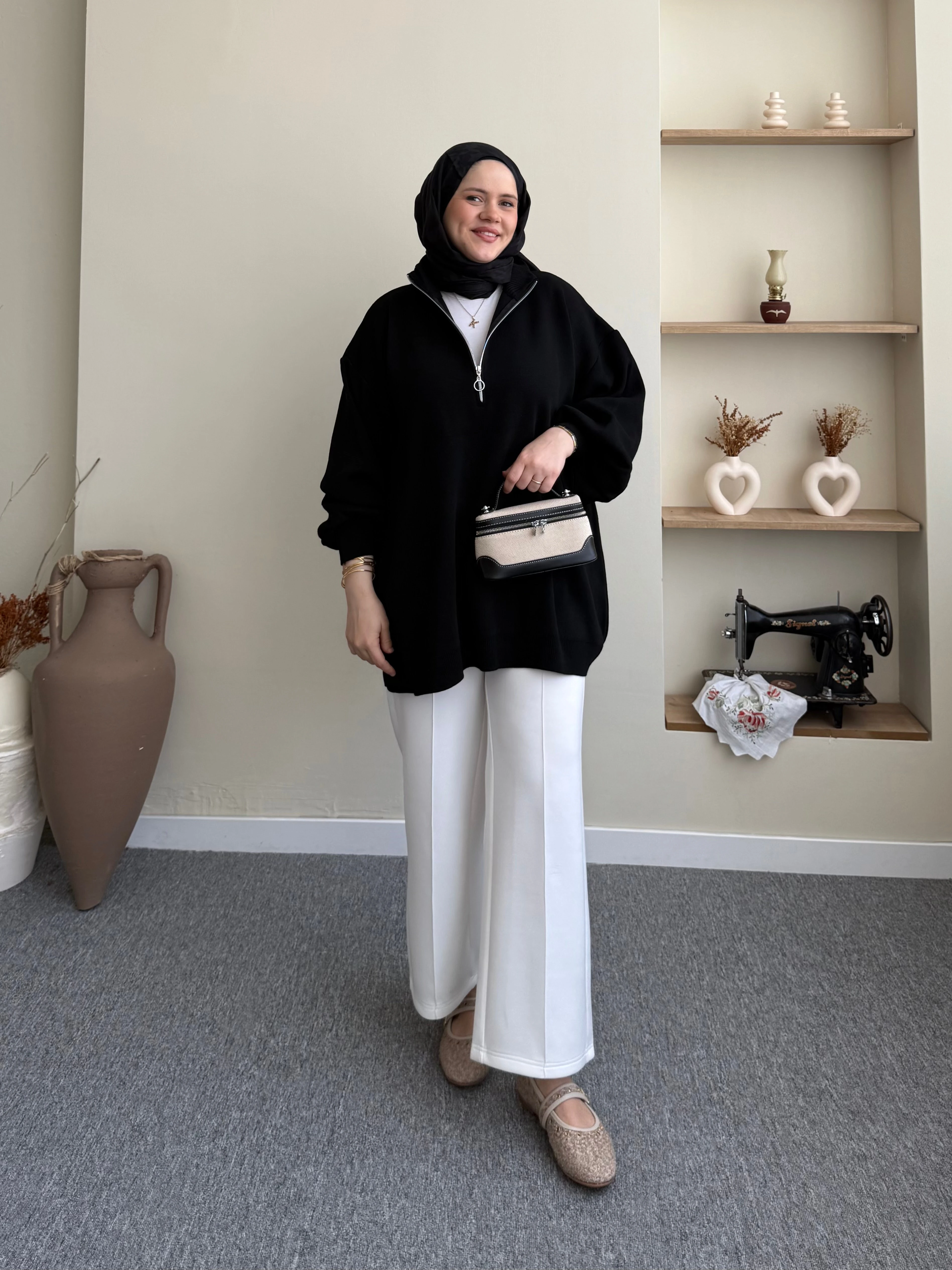 Fermuarlı Balon Kol Tunik