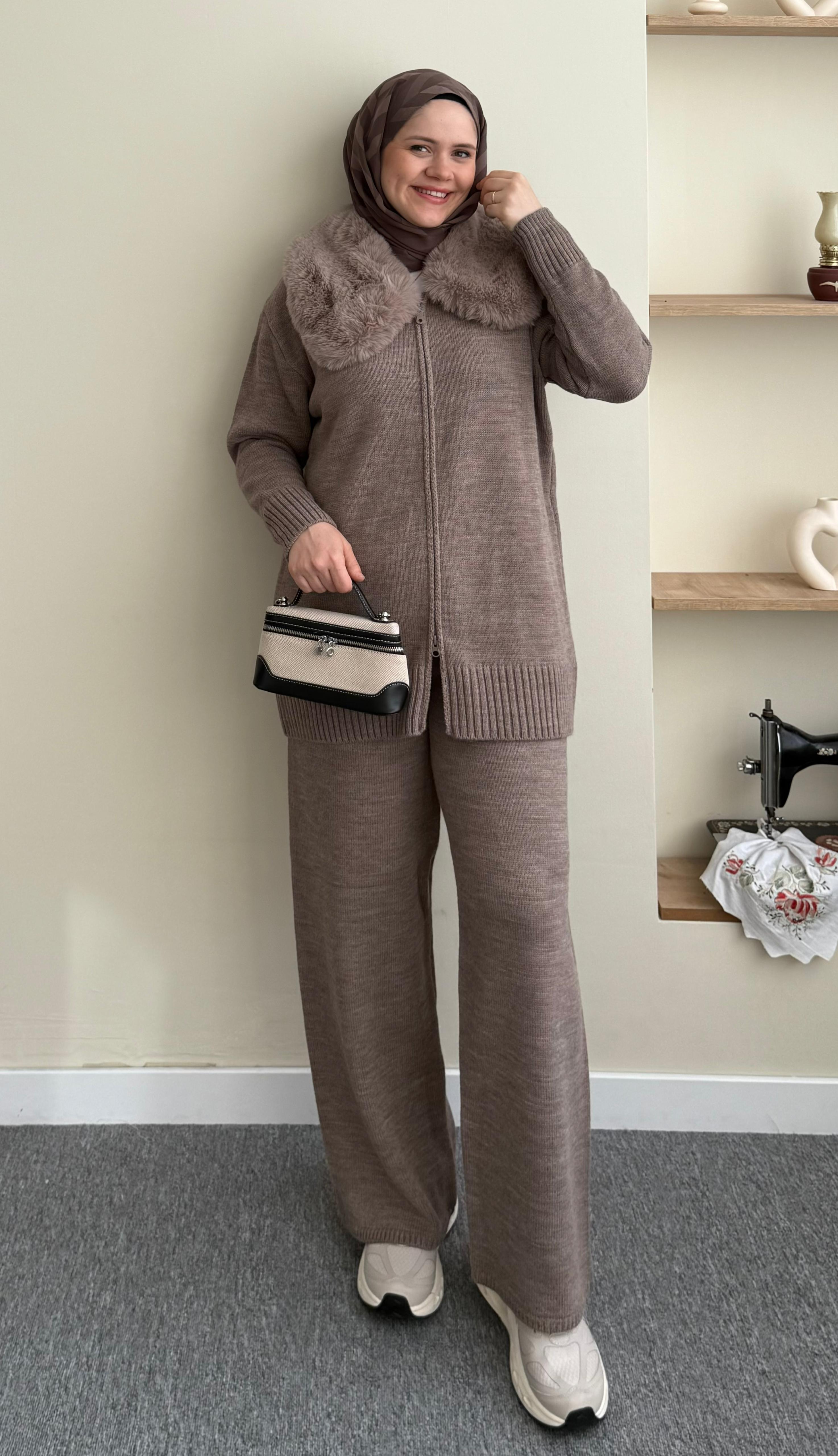 Kürklü Triko Takım - Vizon