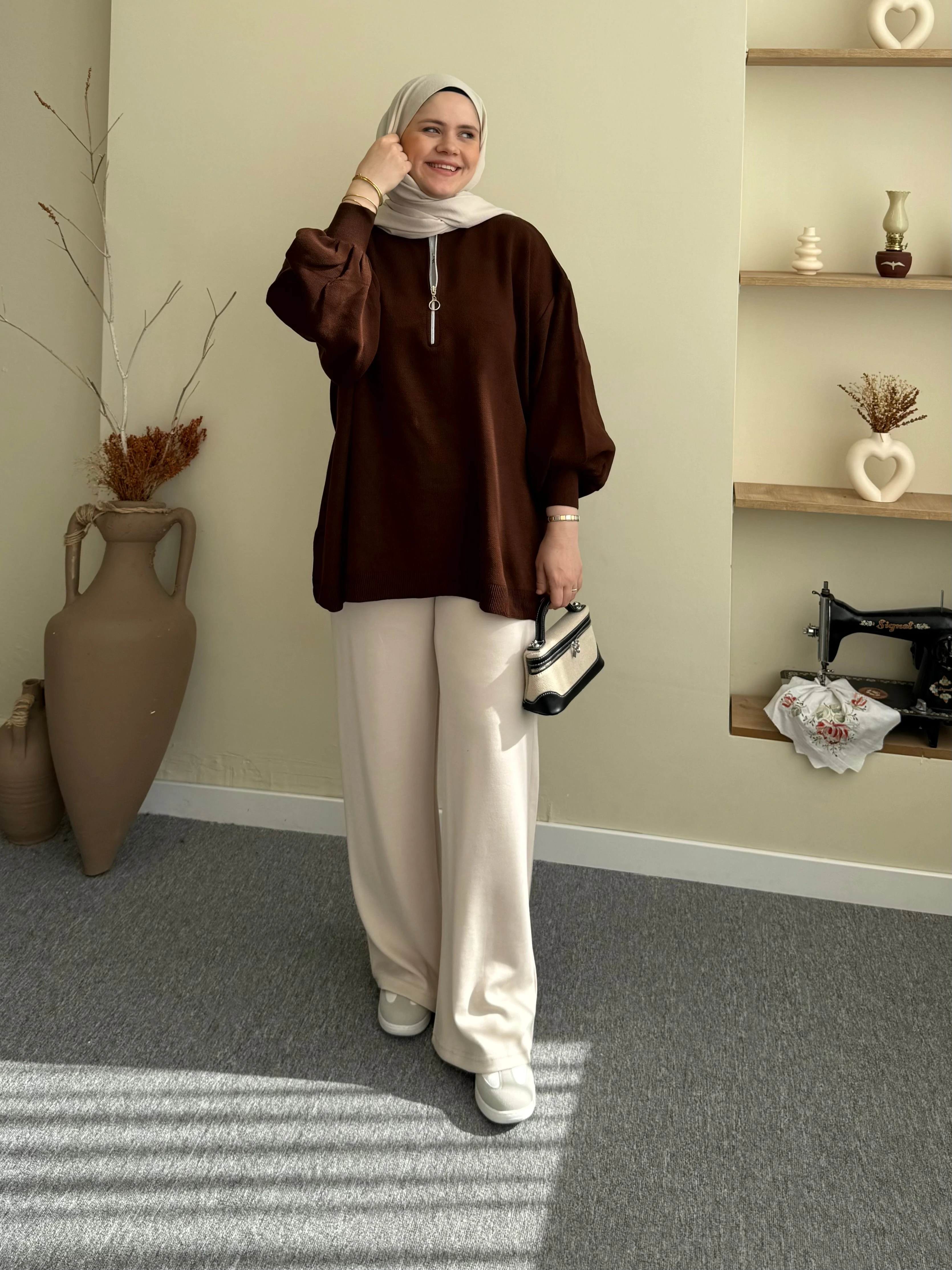 Fermuarlı Balon Kol Tunik