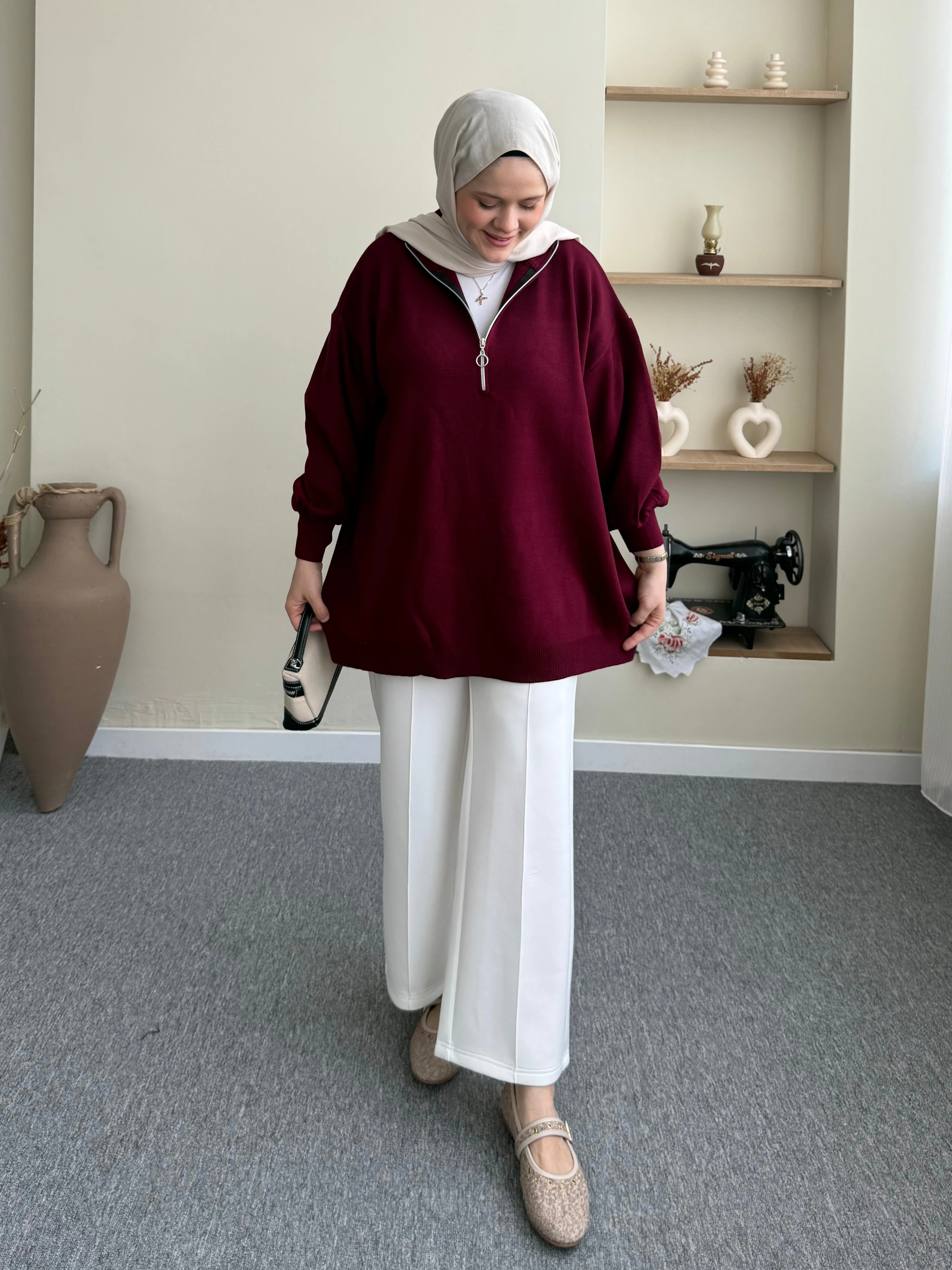 Fermuarlı Balon Kol Tunik