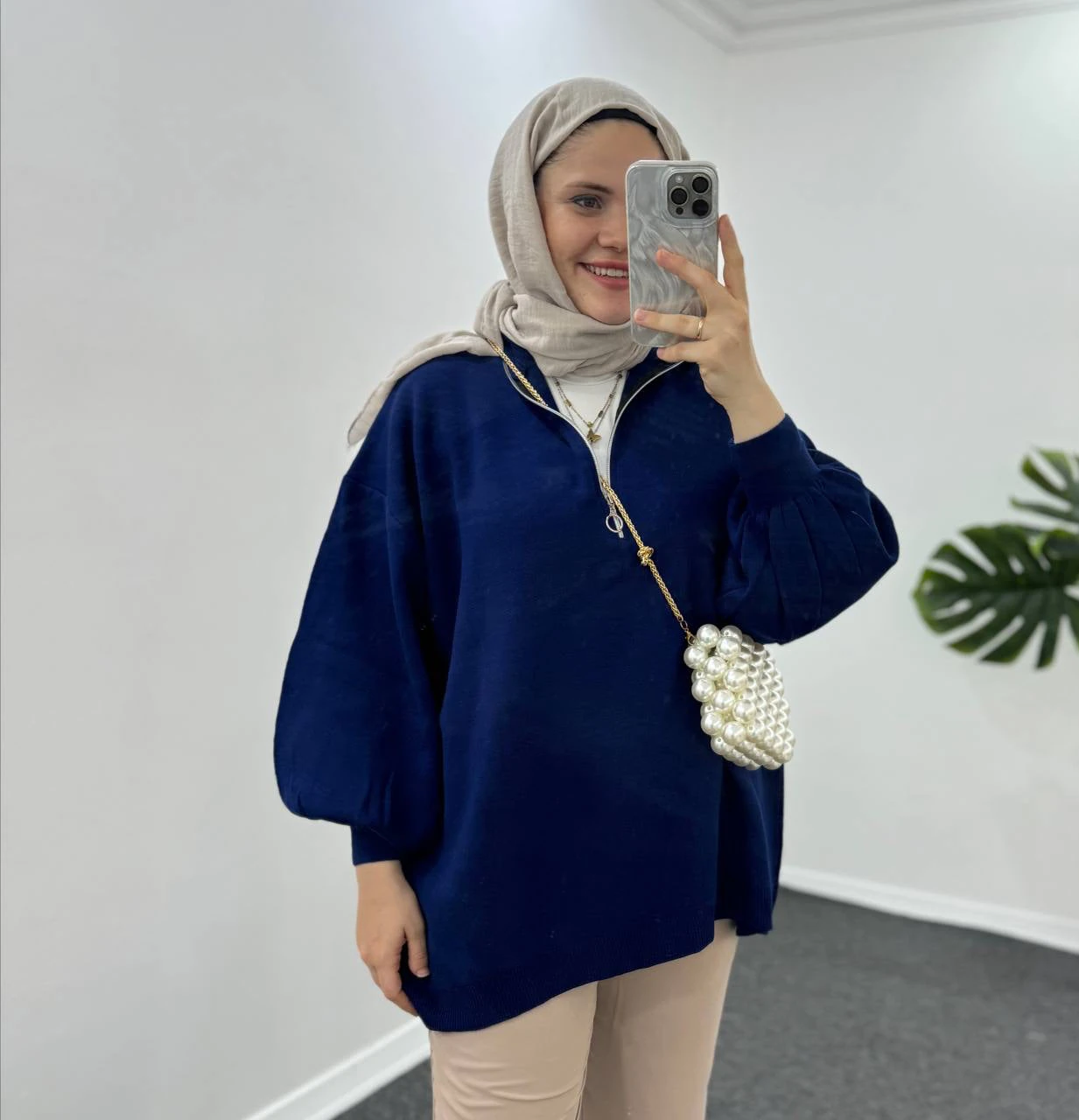 Balon Kol Fermuarlı Tunik - Lacivert