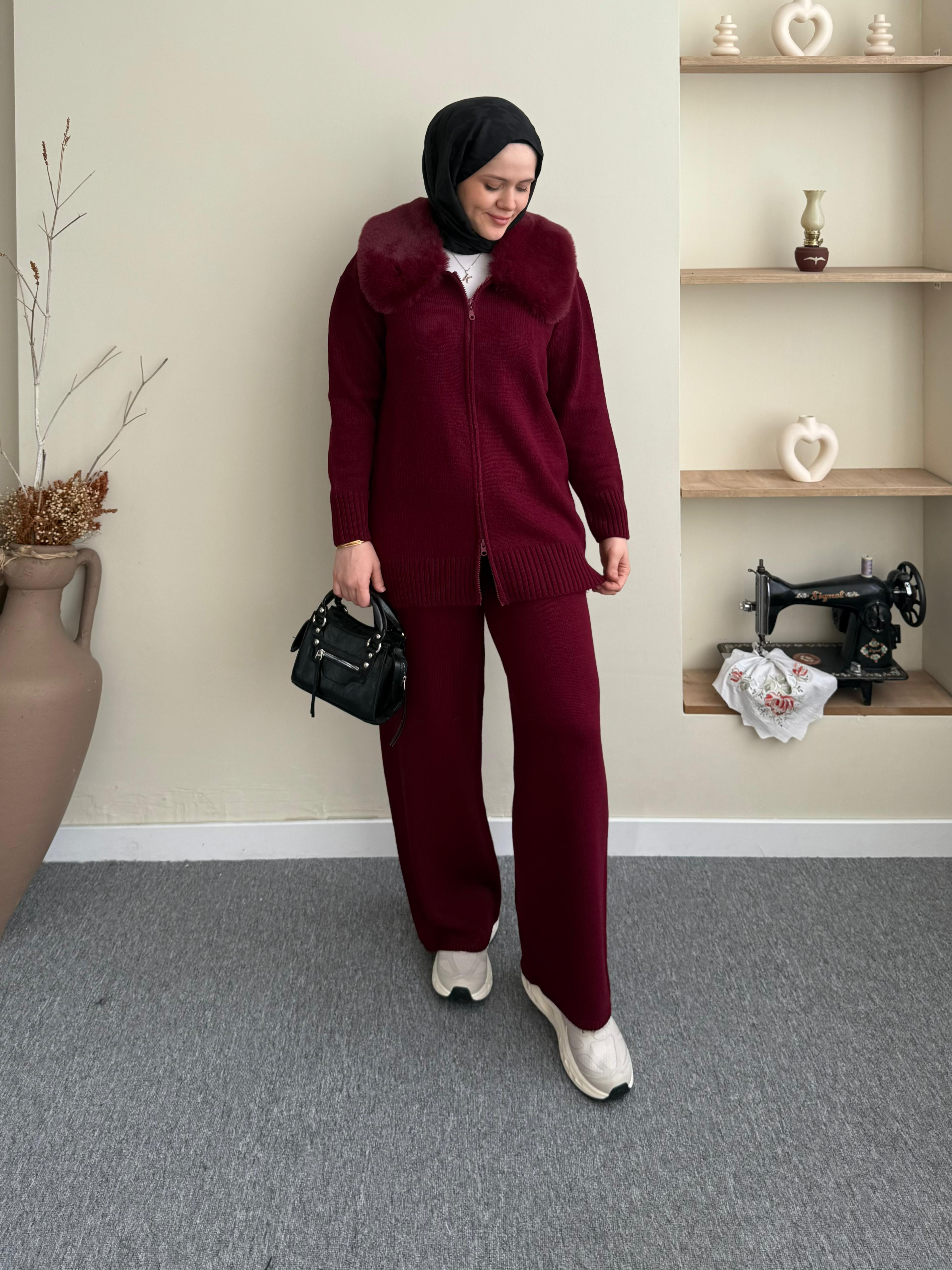 Kürklü Triko Takım - Ekru