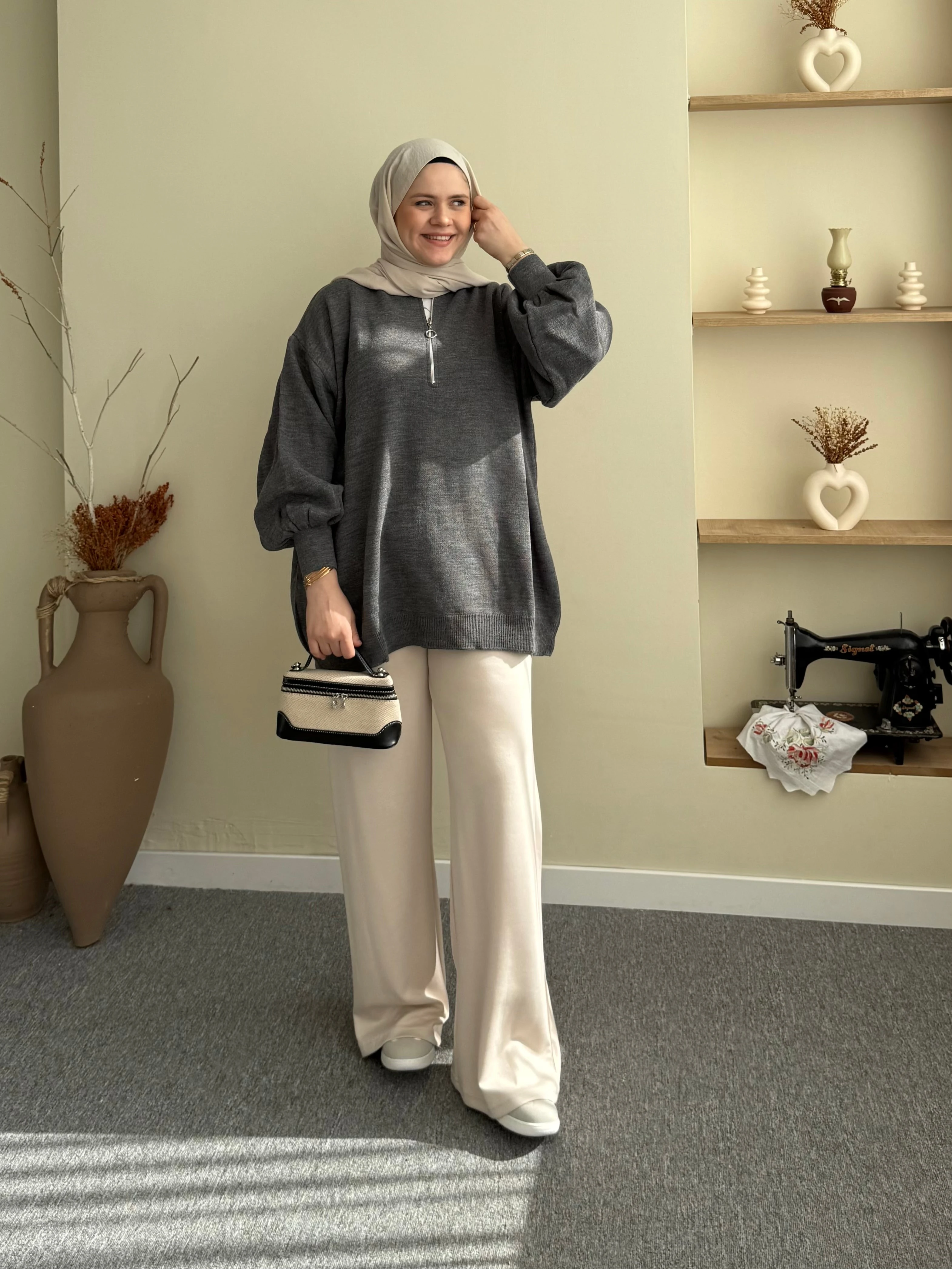 Fermuarlı Balon Kol Tunik