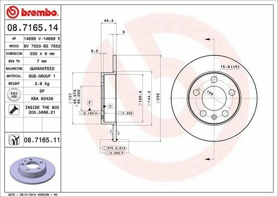 BREMBO 08.7165.14 | Fren Diski Arka (VW Golf 98-06 Polo 02-Audi A1 19-Seat Ibiza 02 -)-232×90 5×100 | 2 Adet