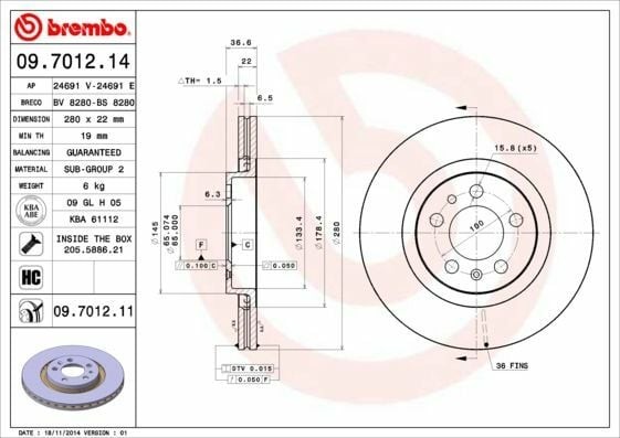 BREMBO 09.7012.14 | Fren Diski Ön-(VW Golf 98-06 Audi A3 97-03 Seat Leon 00-06) 280×22 5×100 | 2 Adet