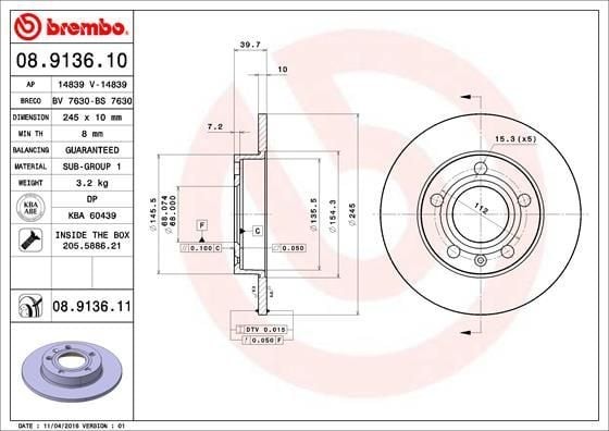 BREMBO 08.9136.10 | Fren Diski Arka (Audi A4 01-08 Seat Exeo 09-14) | 2 Adet