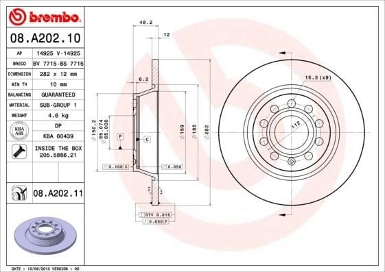 BREMBO 08.A202.10 | Fren Diski Arka (VW Golf 04-14 Passat 06-15 Seat Leon 06-13 Skoda Octavia 04-13) 282×12 5×112 | 2 Adet