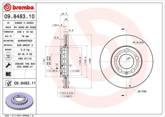 BREMBO 09.8483.11 | Fren Diski Ön Kaplamalı (VW Polo 02-10 Skoda Fabia 00-10) | 2 Adet