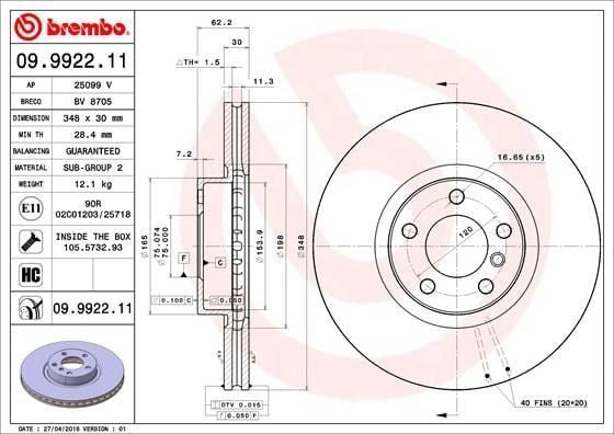 BREMBO 09.9922.11 | Fren Diski E-70 / 71 Ön Tek