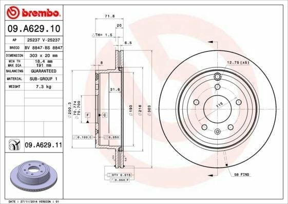BREMBO 09.A629.10 | Fren Diski Arka Havalı (303-5)-(Chevrolet Captiva 07 / 12 / Opel Antara 07 / 12) | 2 Adet