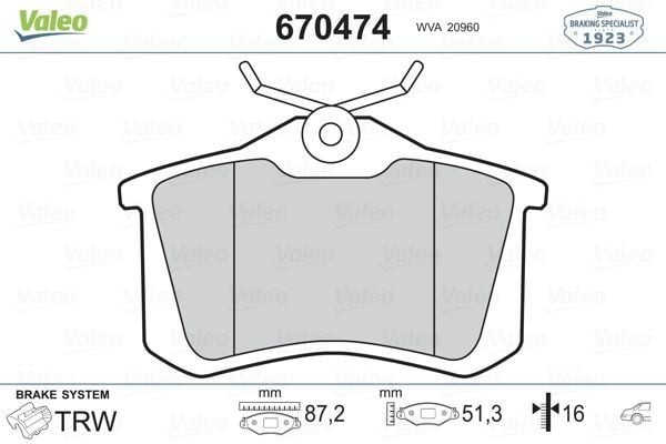 VALEO 670474 | Fren Balata Arka 03-Mgn.II-Mds-Clo.III-Golf.3.4.5-C2-C3-C4-307 17mm.