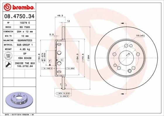 BREMBO 08.4750.34 | Fren Diski Ön Düz 284 mm Mercedes W124 85 / 93 | 2 Adet