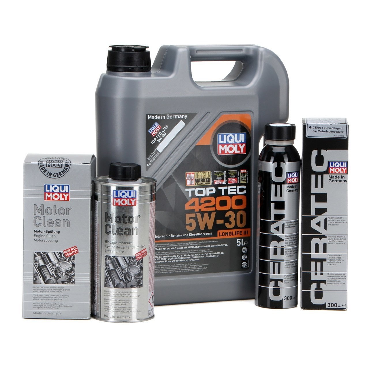 LIQUI MOLY 5W-30 Motor Yağı Tam Sentetik Top Tec 4200 5 Litre (8973) + Motor Temizleme (1019) + Ceratec Katkı Kiti (7181)